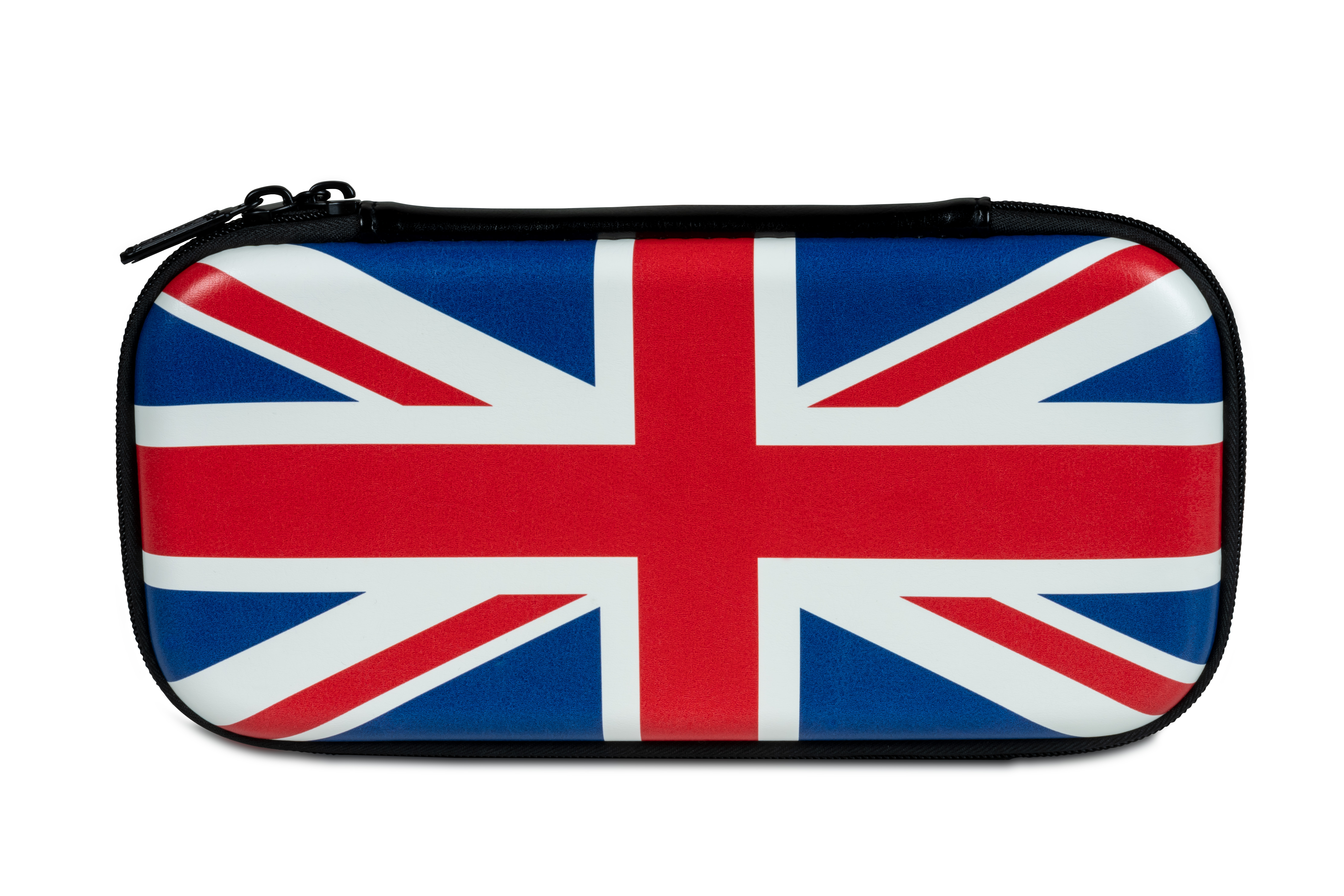 Un estuche rígido con el diseño de la bandera de la Union Jack, cremallera y ribete negros.