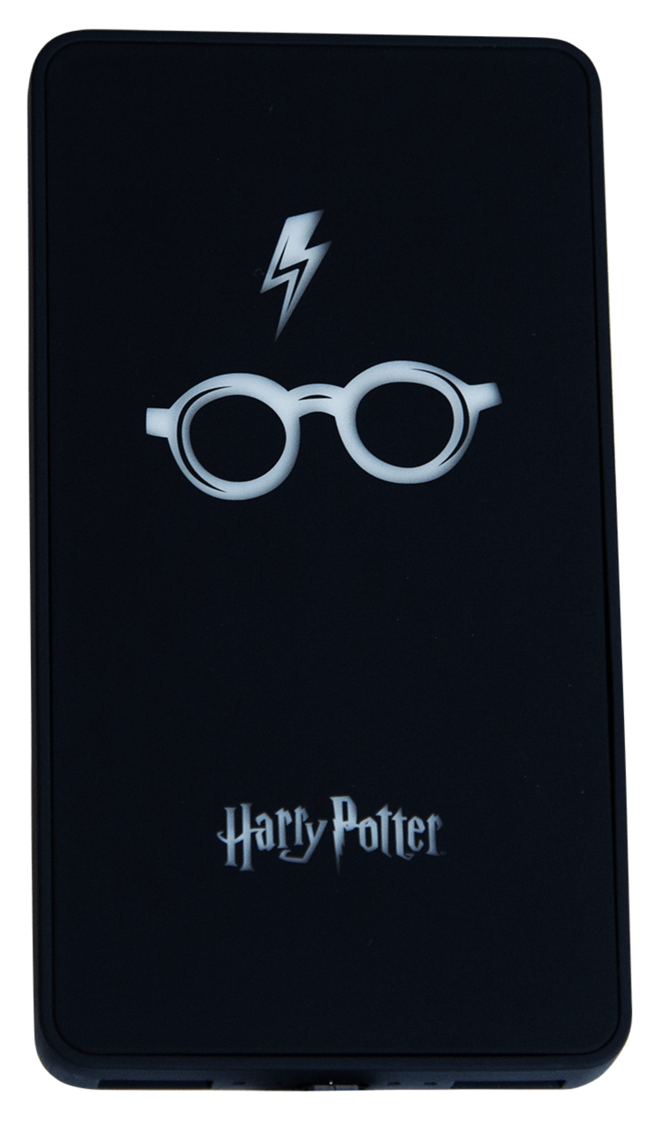Batería externa negra de Harry Potter con logo de gafas y rayo, fondo blanco.
