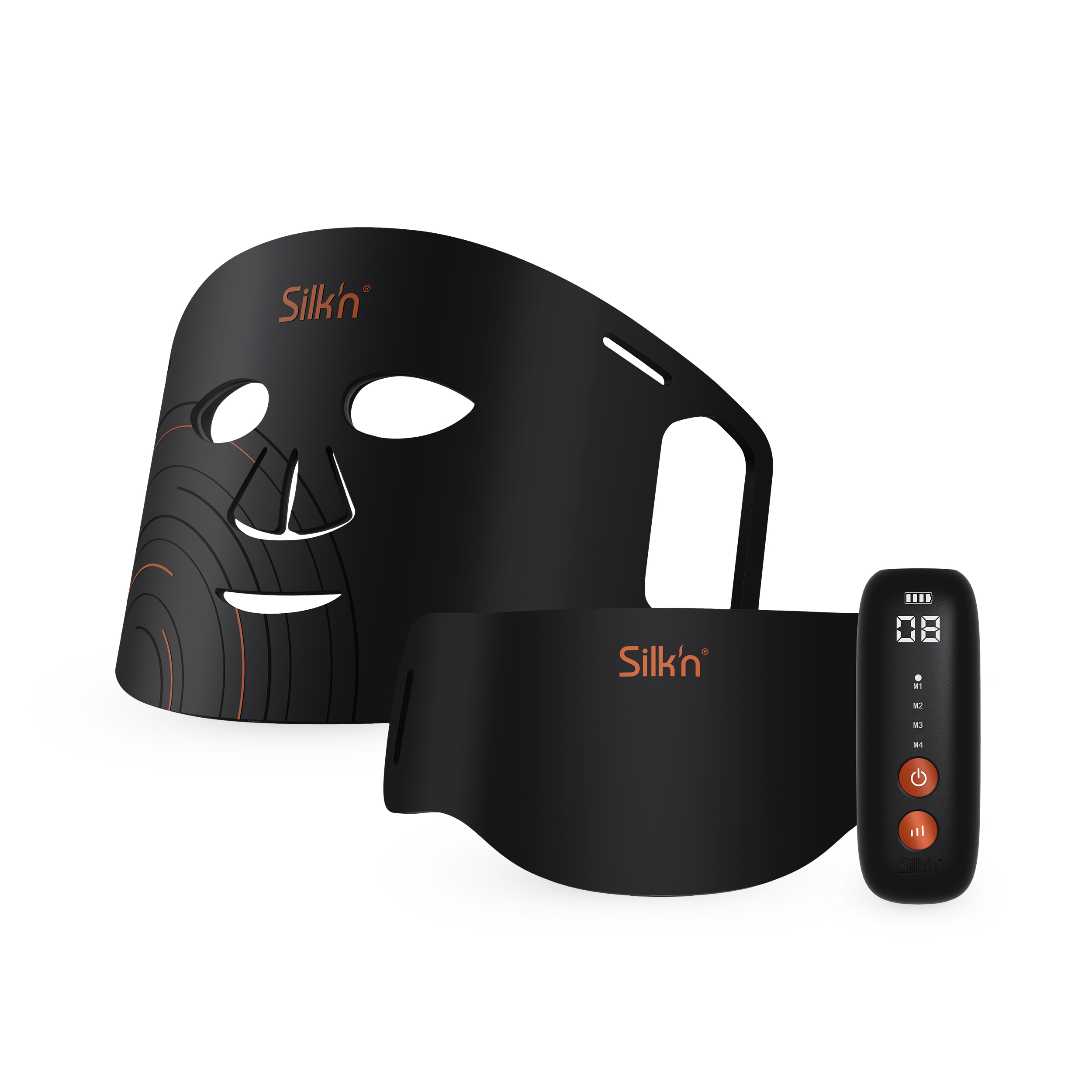 Schwarze Gesichtsmaske und Augenmaske mit Fernbedienung. Der Markenname Silk'n ist sichtbar.