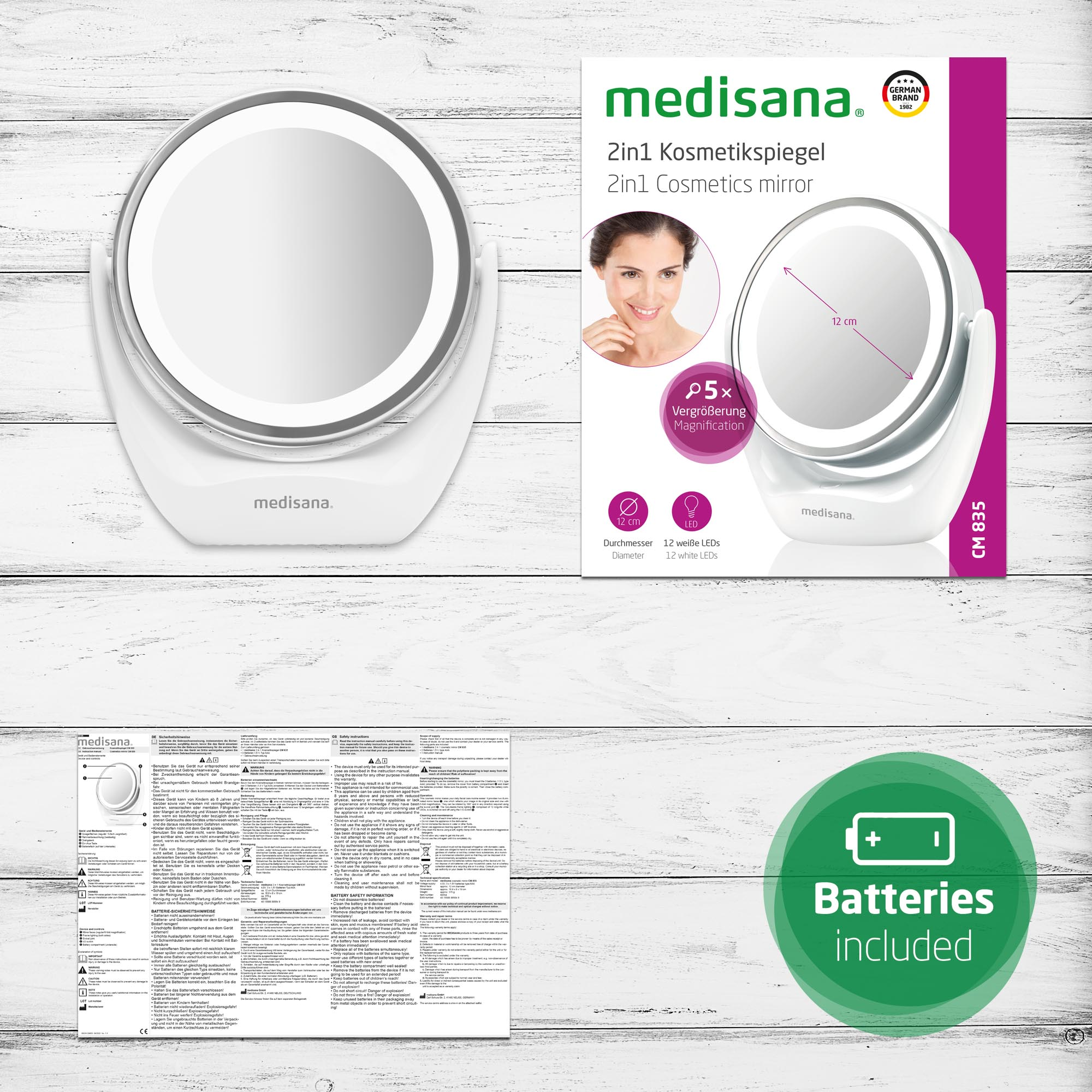 Specchio cosmetico bianco, scatola e istruzioni con batterie incluse.