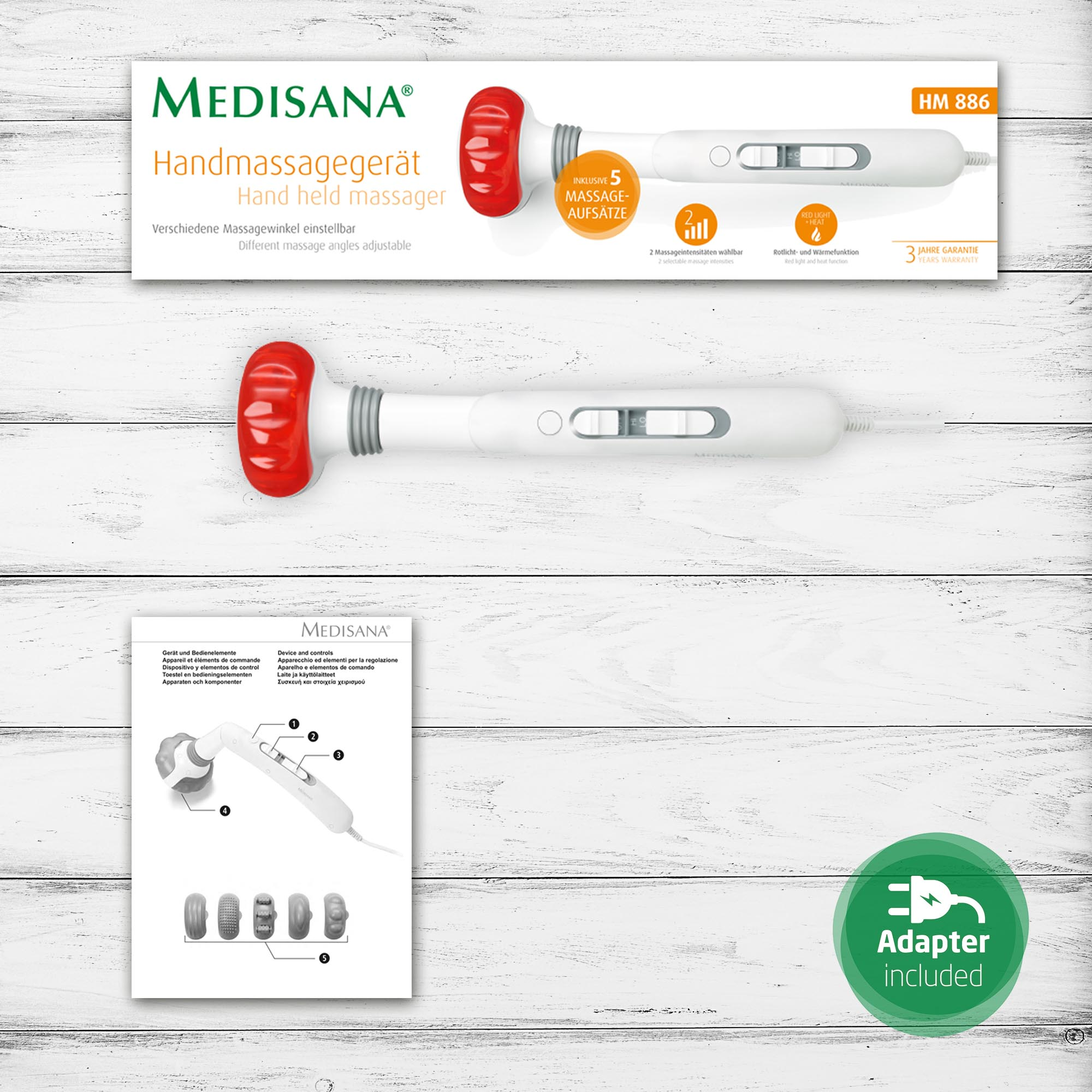 Massaggiatore a mano con testa rossa, corpo bianco, accessori e adattatore.