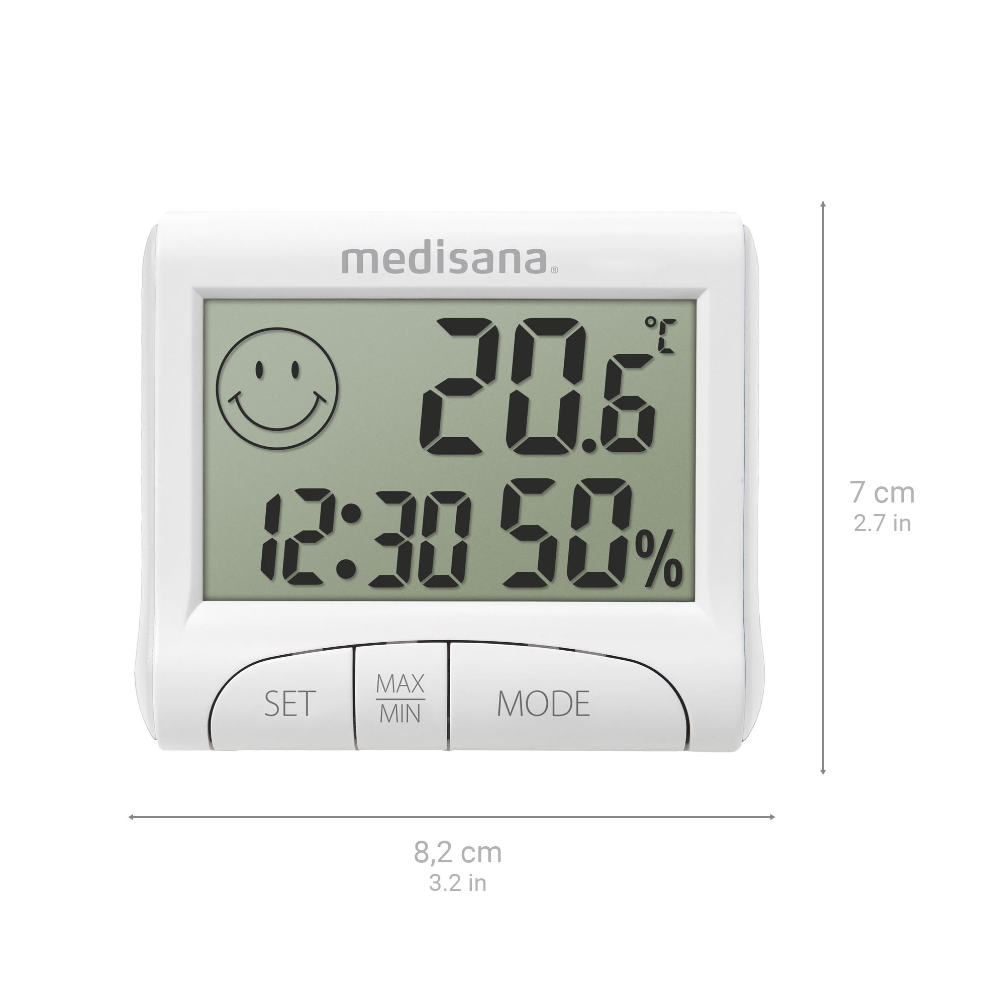 Weißes digitales Thermometer mit einem lächelnden Gesicht und Zahlen, die Temperatur, Zeit und Prozentsatz anzeigen.