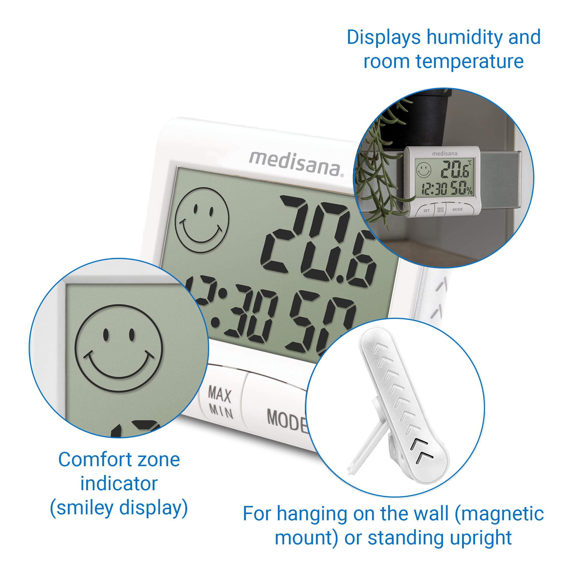 Digitales Thermometer zeigt 20,6. Smiley-Gesicht und Textbeschriftungen. Weißer Hintergrund.