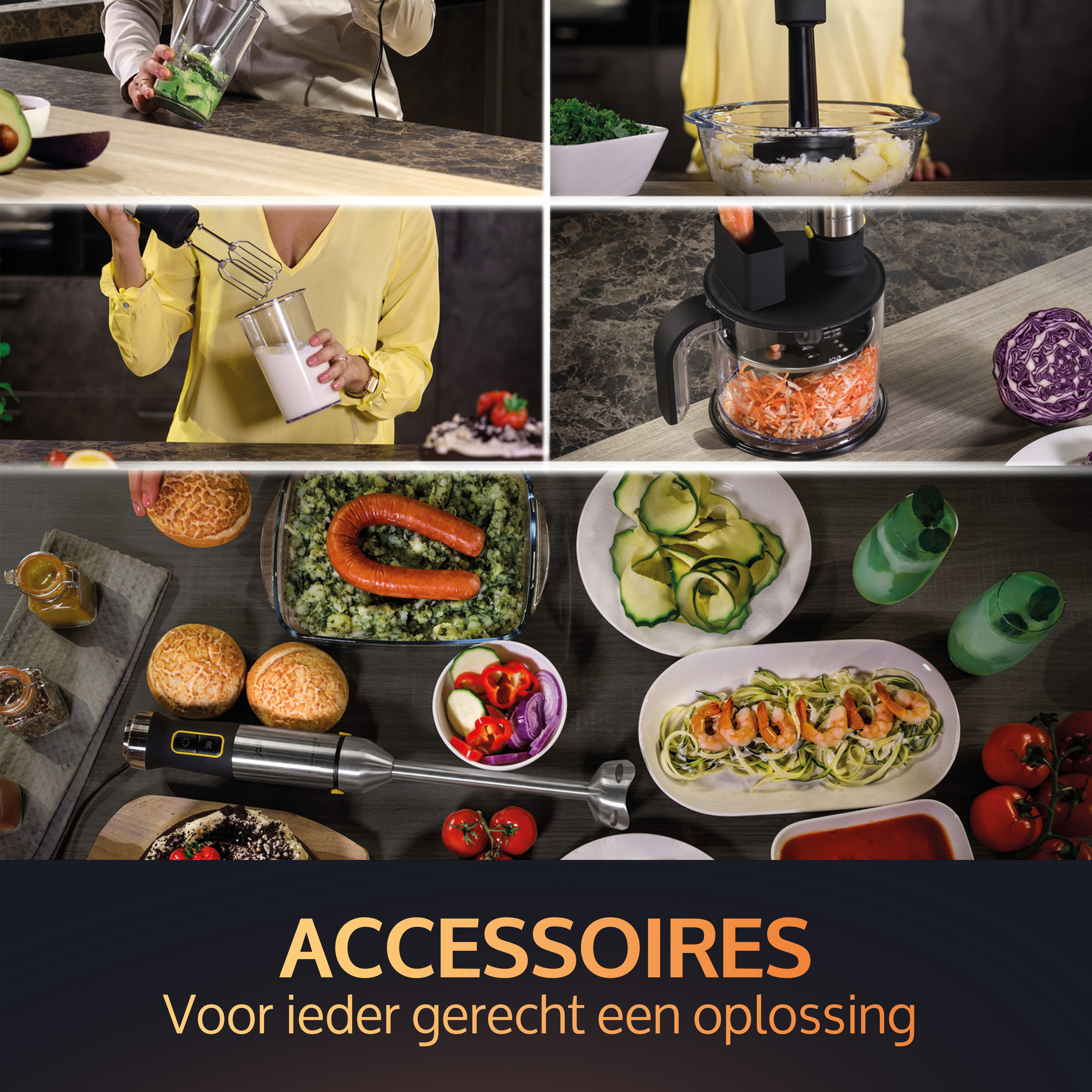 Collage of food preparation scenes with a hand blender, and many ingredients. Dark background.
