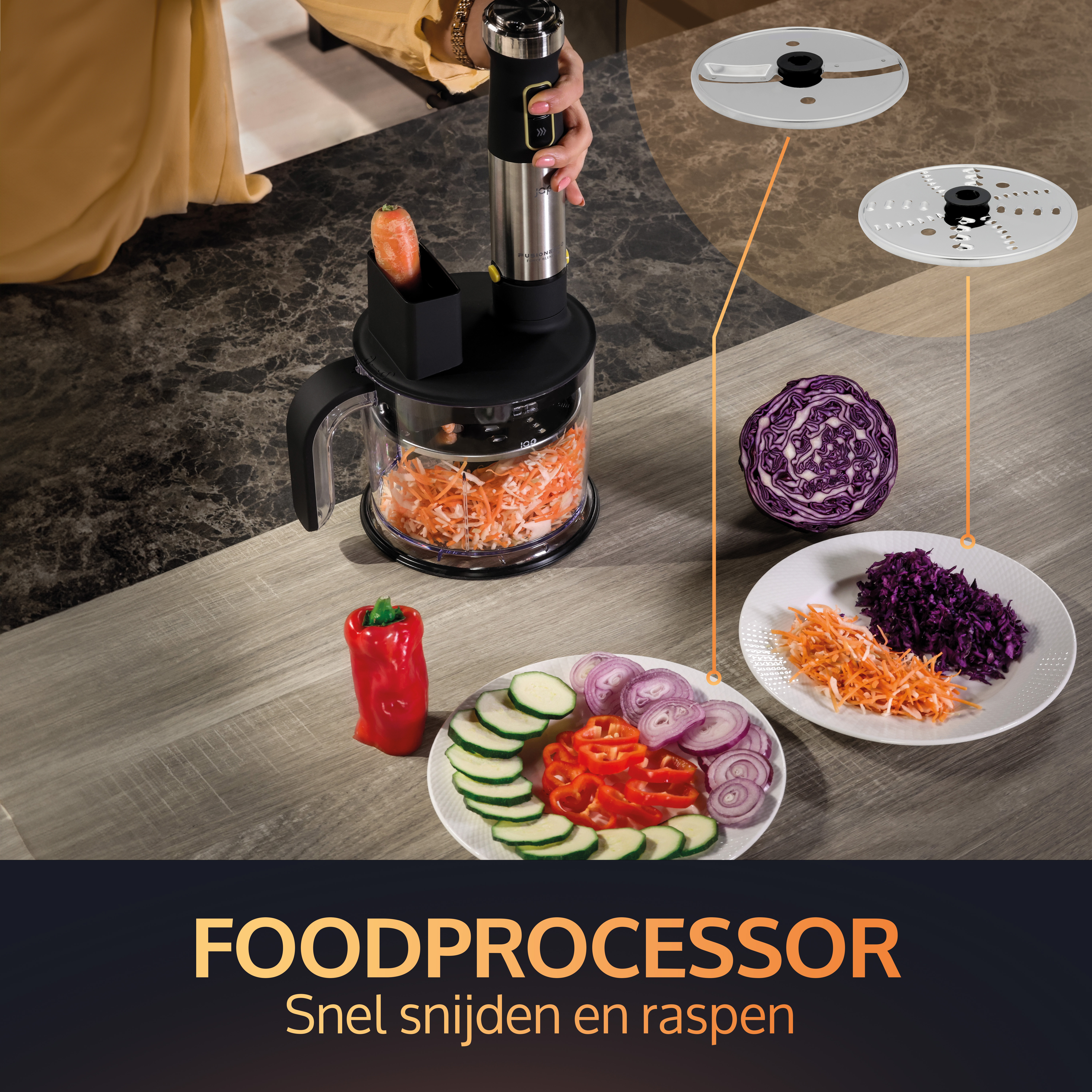 A food processor with food ingredients on a table, ready for processing.