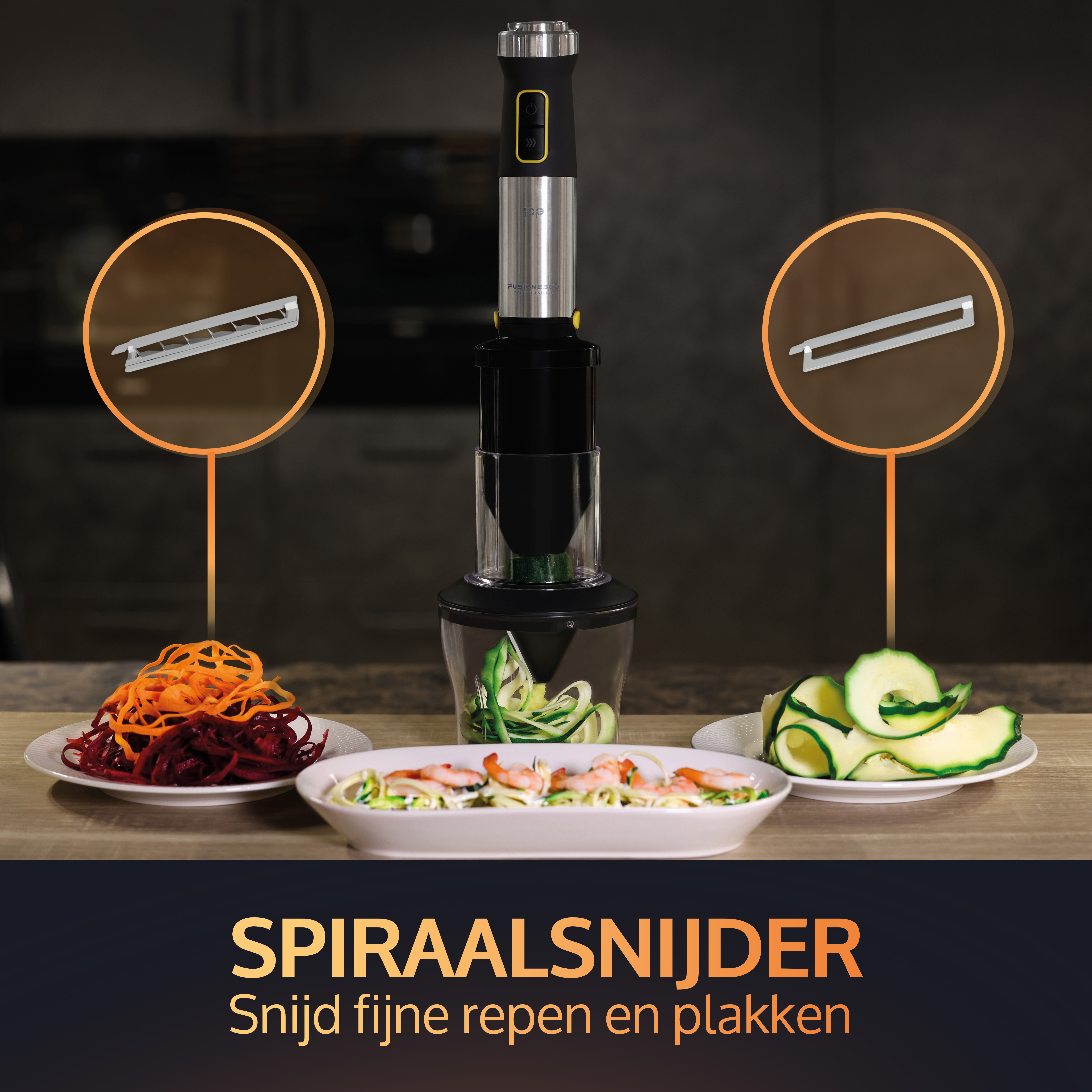 Blender with spiralizer attachments and plates of spiralized vegetables.
