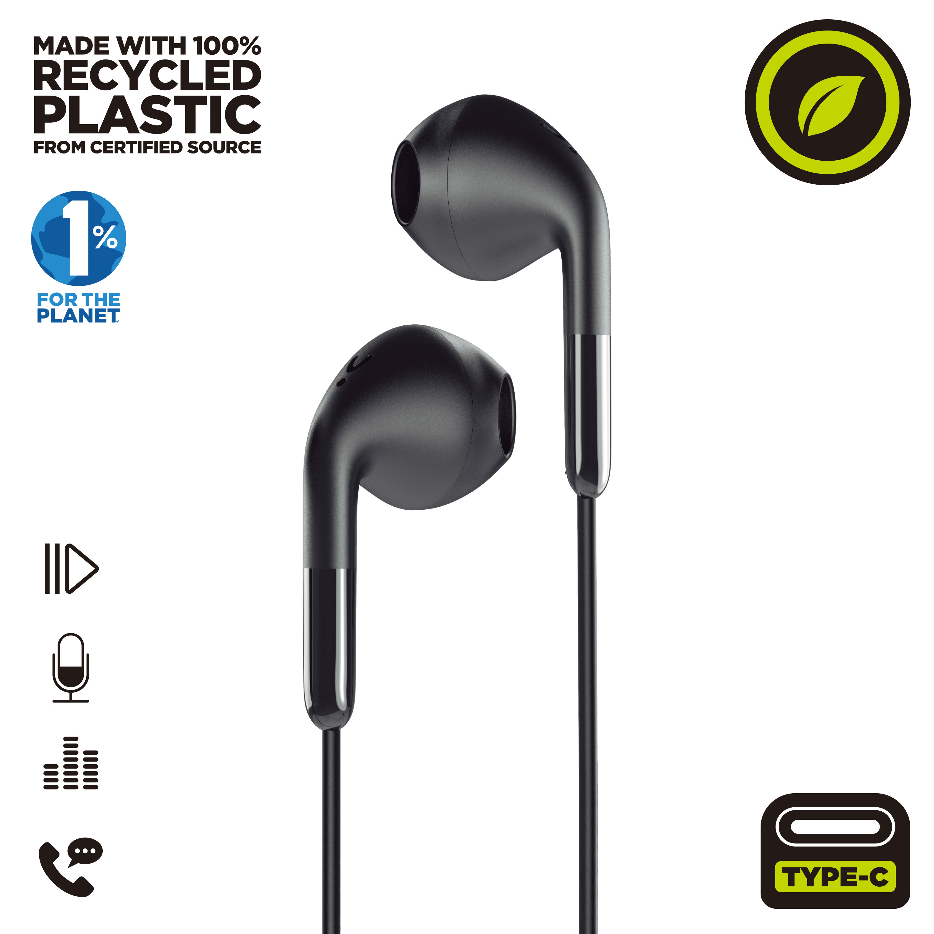Auricolari neri con cavo e connettore USB-C, con icone a sinistra.