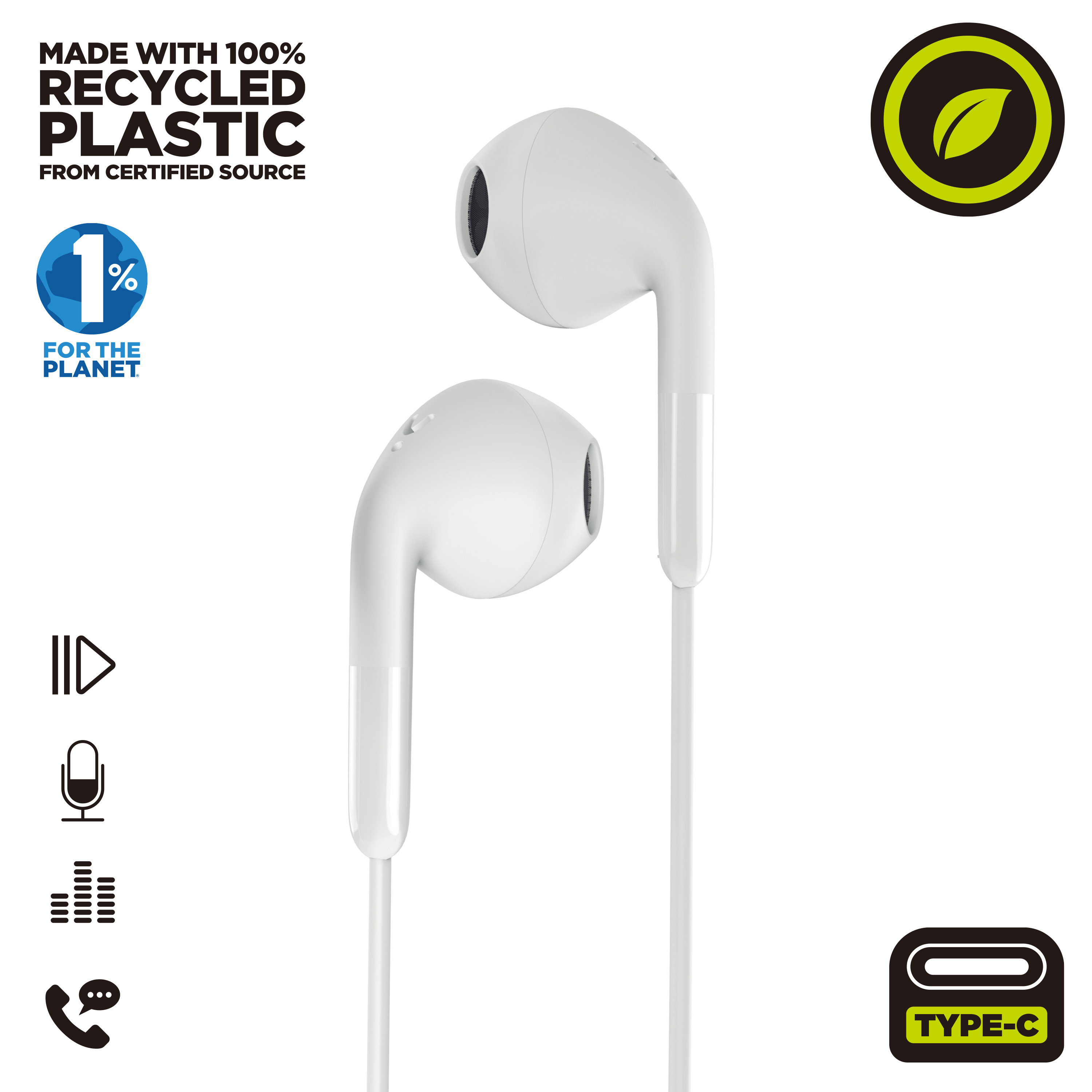 Auricolari bianchi, realizzati con plastica riciclata al 100%. Include icone di riproduzione, microfono e chiamata.