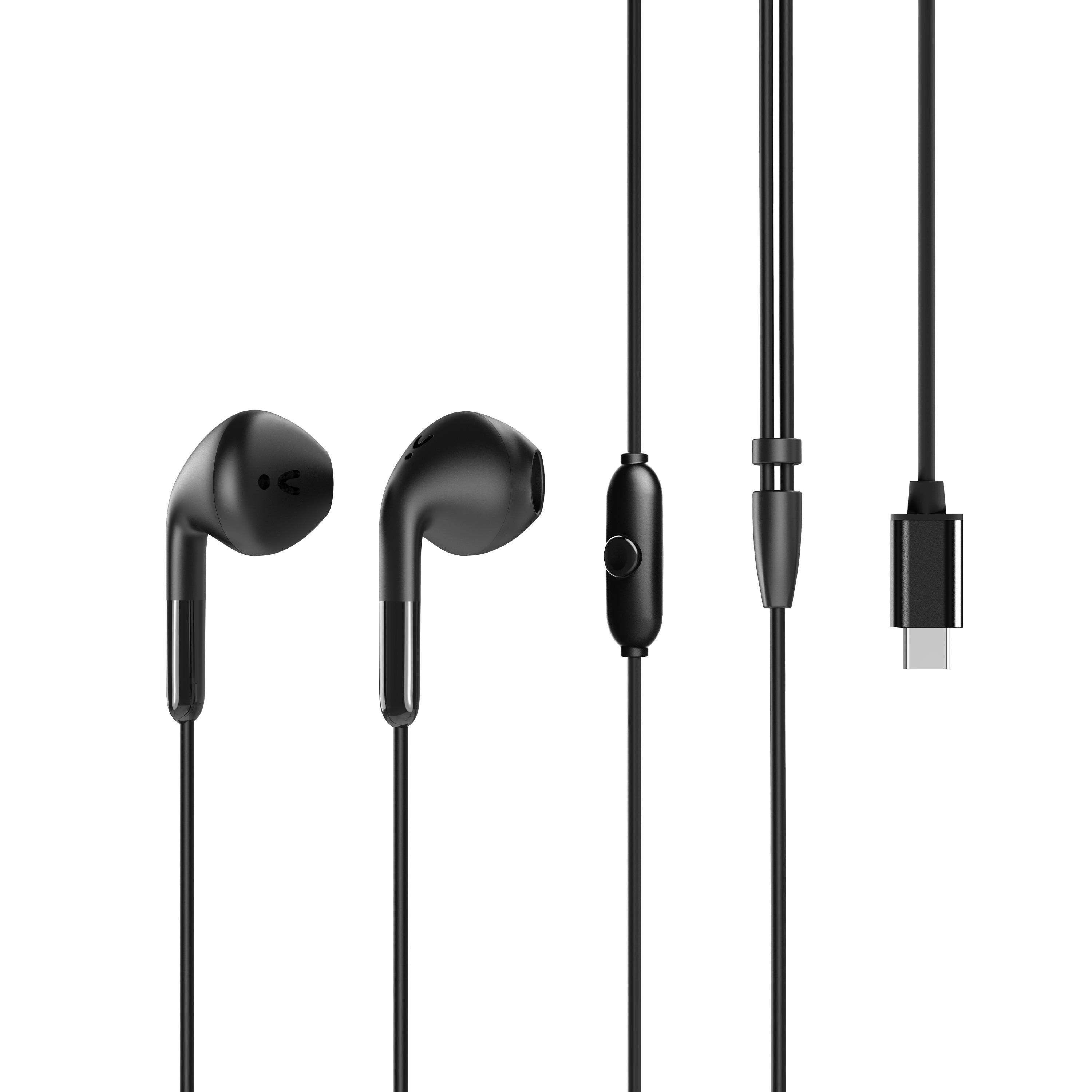 Auricolari neri con microfono e connettore USB-C, isolati su sfondo bianco.