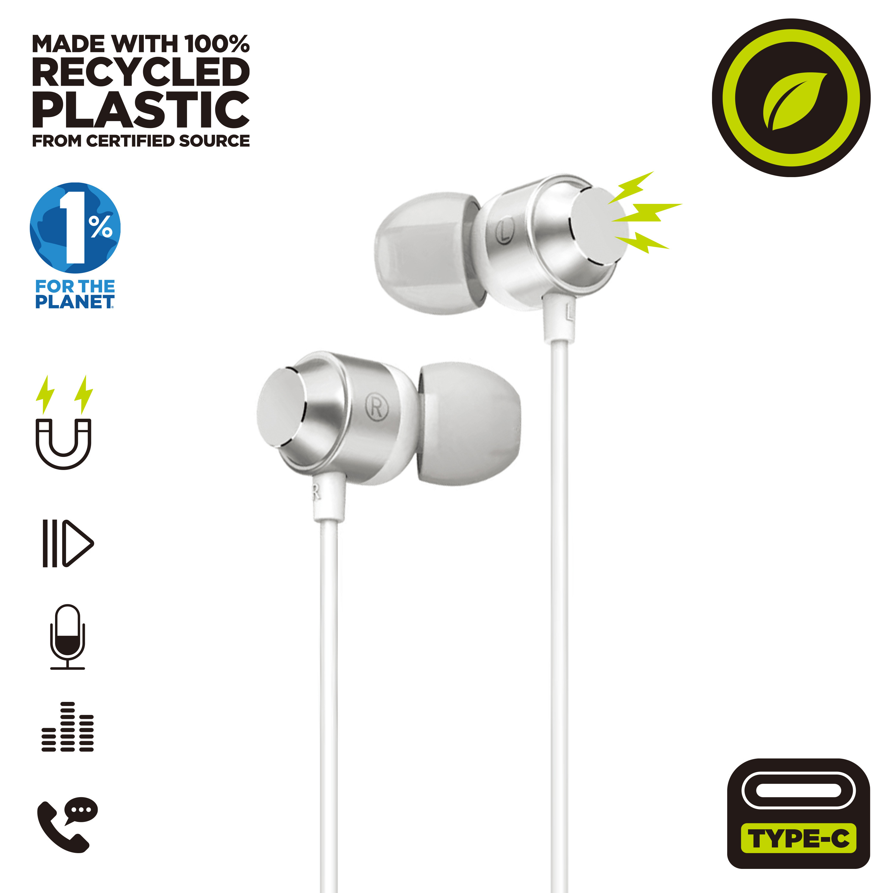 Auricolari bianchi con dettagli argentati. Auricolare sinistro con 'R'. Cavo bianco e logo.