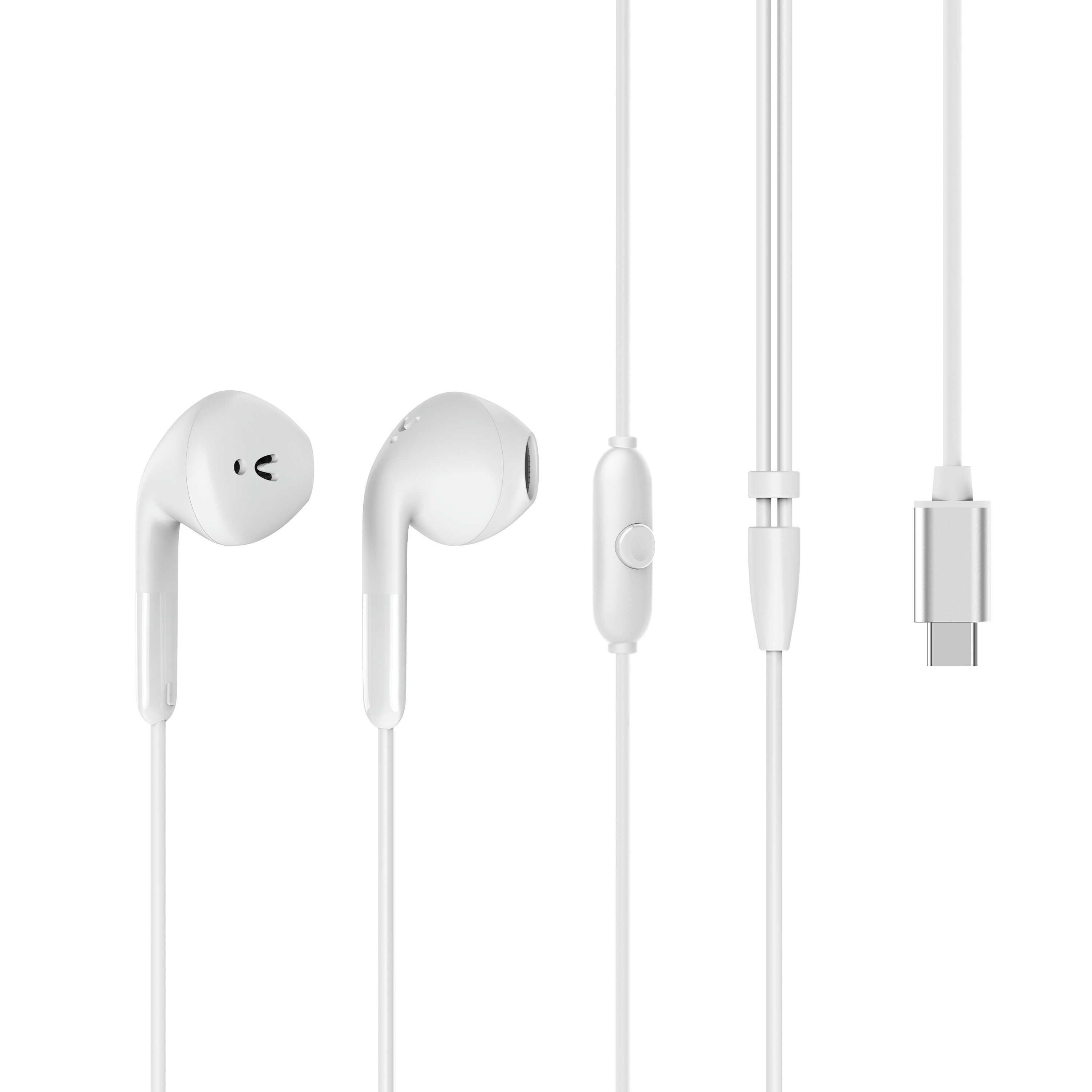 Auricolari cablati bianchi con un telecomando e connettore USB-C. Gli auricolari sono davanti a uno sfondo bianco.