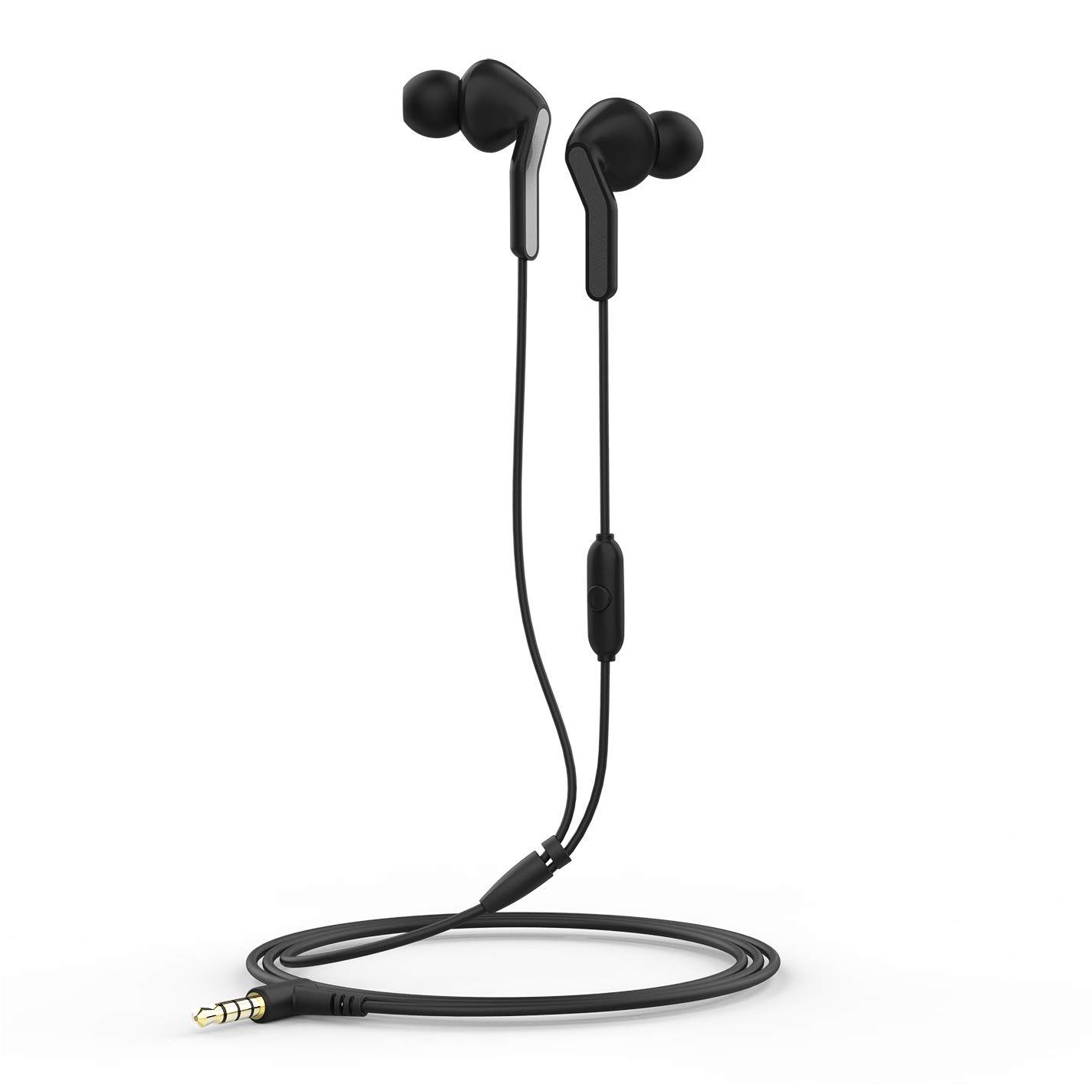 Auricolari neri con cavo, pulsante di controllo e jack da 3,5 mm su sfondo bianco.