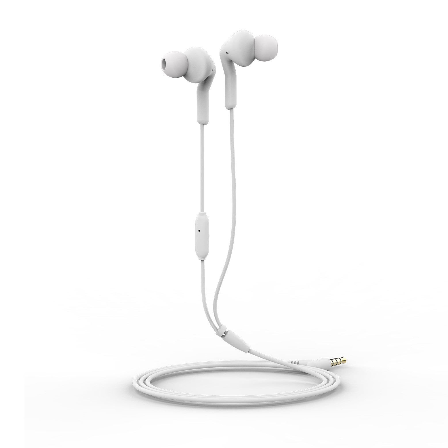 Auricolari bianchi con microfono e cavo bianco su sfondo bianco.