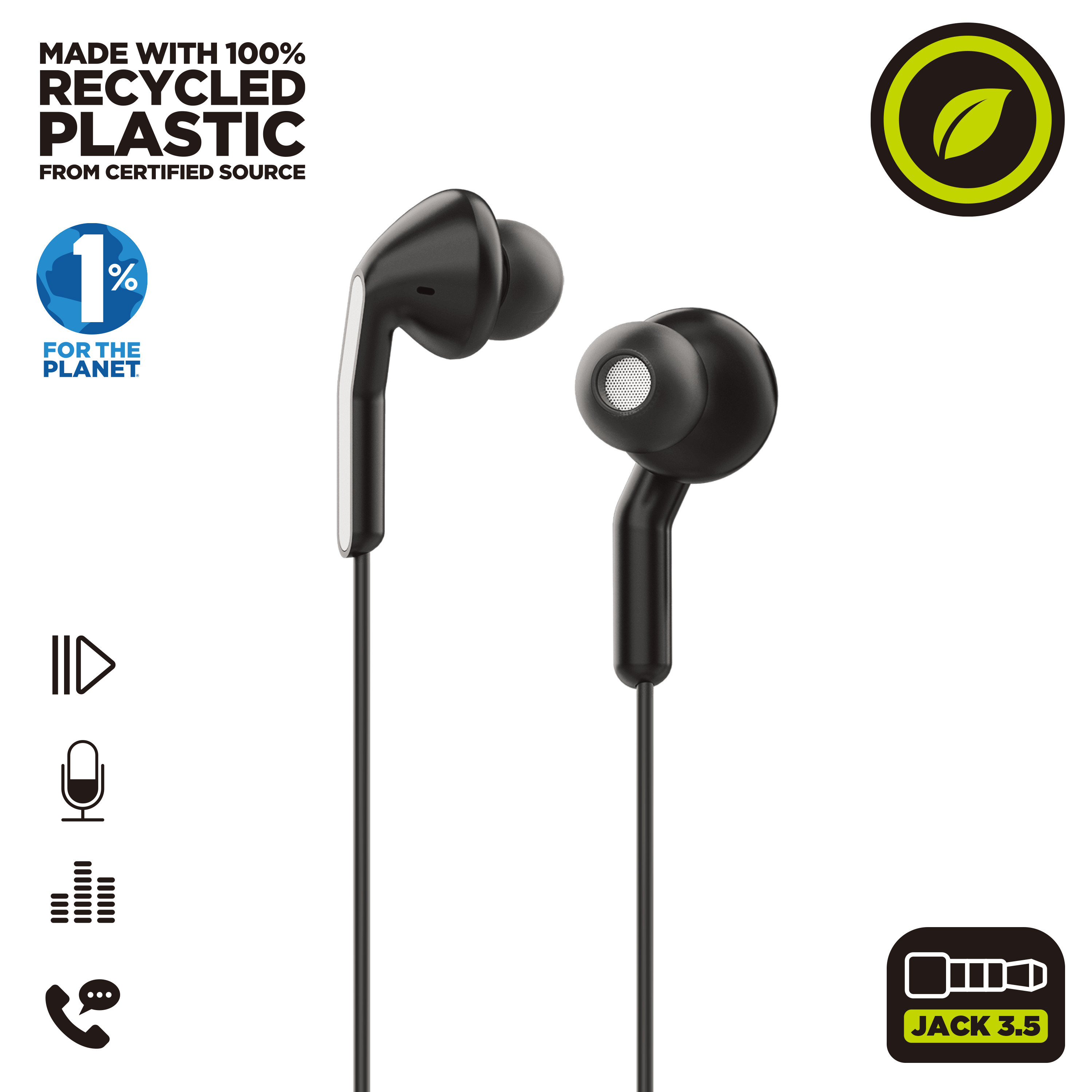 Auricolari neri con un simbolo di riciclaggio, un logo 1% per il pianeta e icone per musica e chiamate.