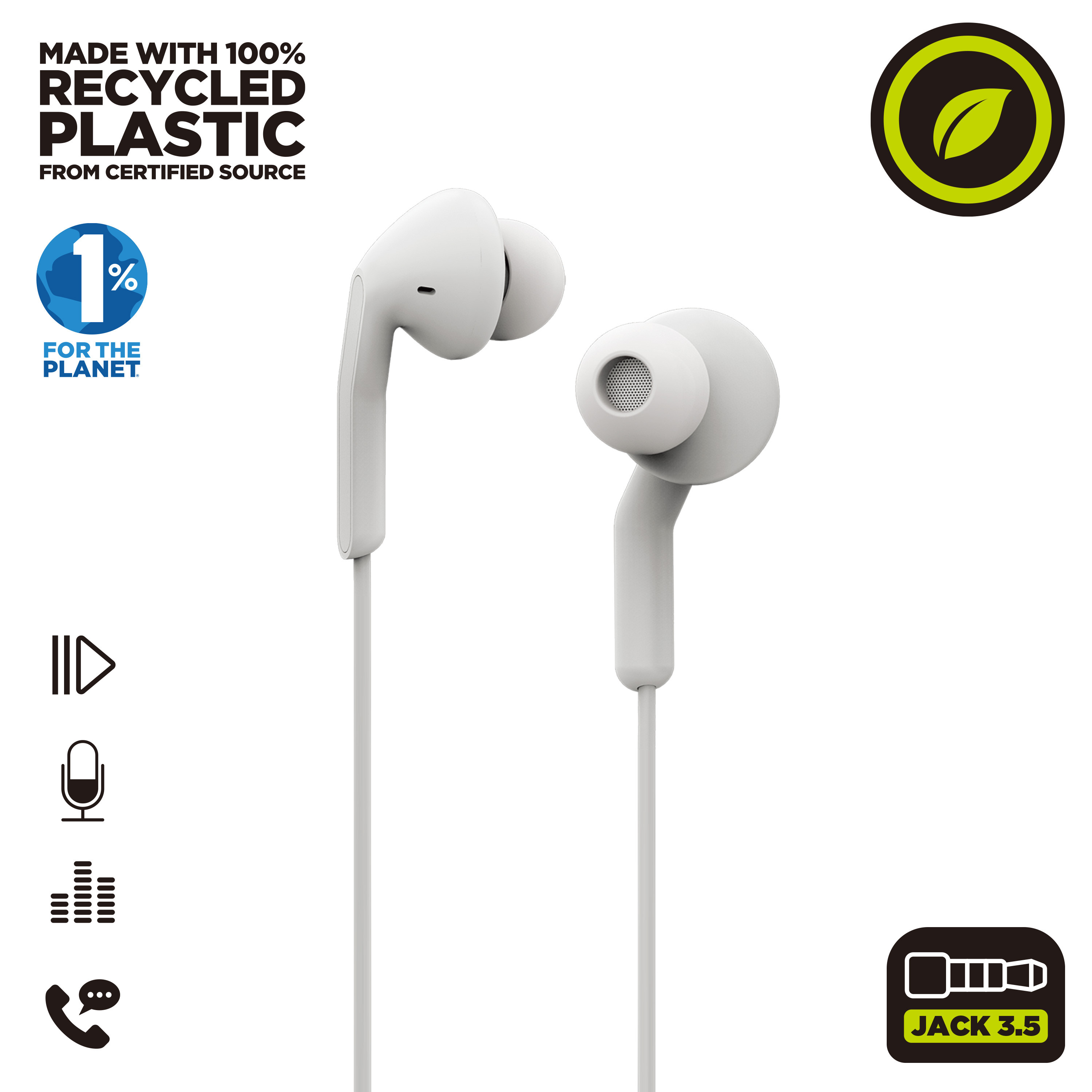 Auricolari bianchi con la scritta 'MADE WITH 100% RECYCLED PLASTIC' e icone di sostenibilità.