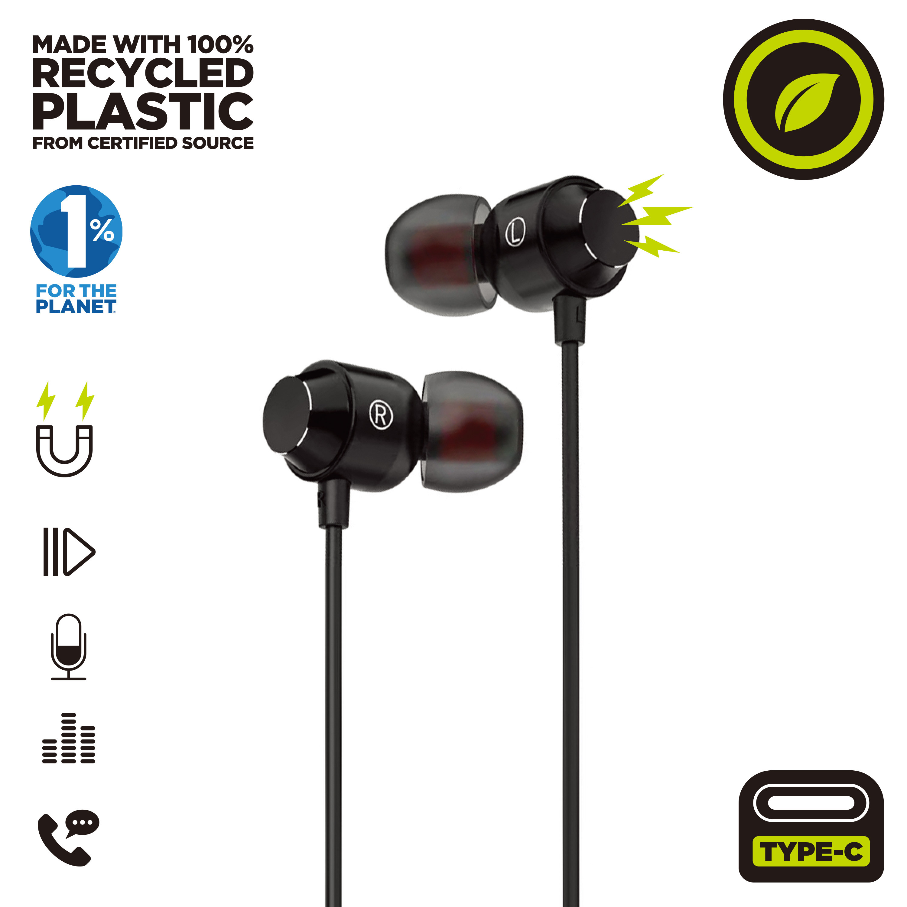 Auricolari con un design nero. Il testo indica plastica riciclata e simboli ambientali.