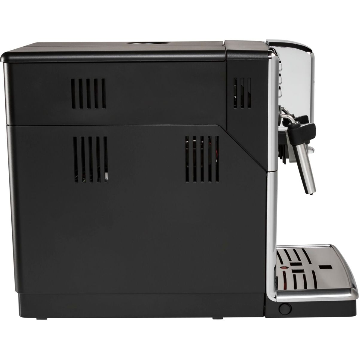 Czarny i srebrny ekspres do kawy. Ma zbiornik na wodę po prawej stronie.