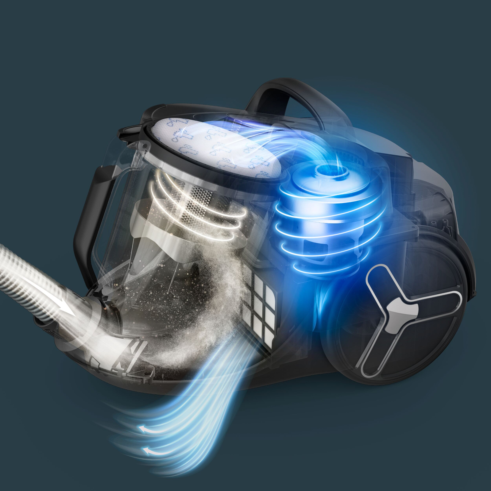 Odkurzacz z niebieskim światłem podkreślającym elementy wewnętrzne. Schemat kolorów szary i czarny.