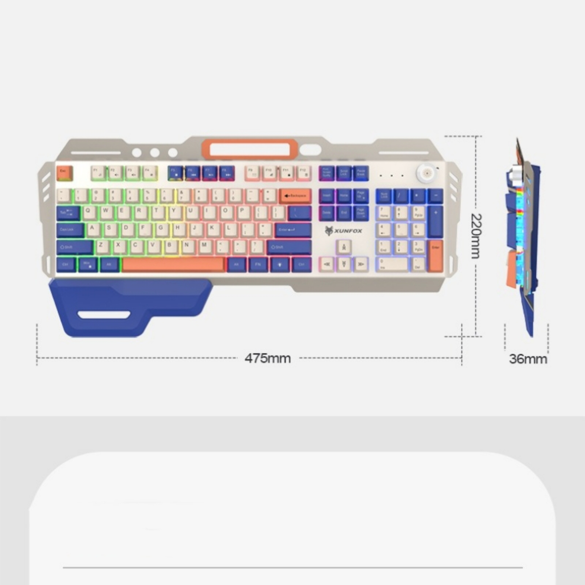 Draufsicht auf eine bunte Tastatur mit Maßen. Es hat eine Handballenauflage und mehrere Tasten.