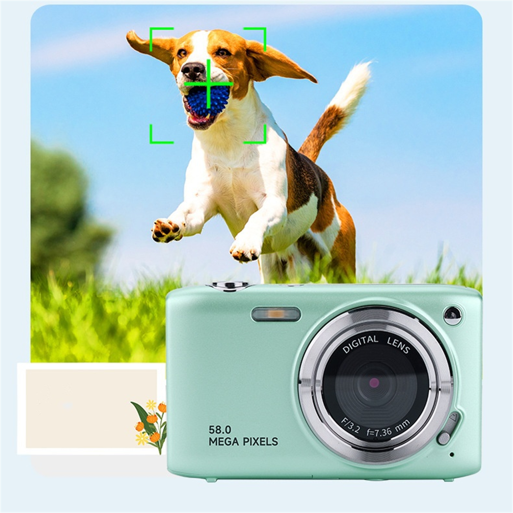 Eine mintgrüne Kamera mit einem springenden Hund im Hintergrund, der einen blauen Ball fängt.