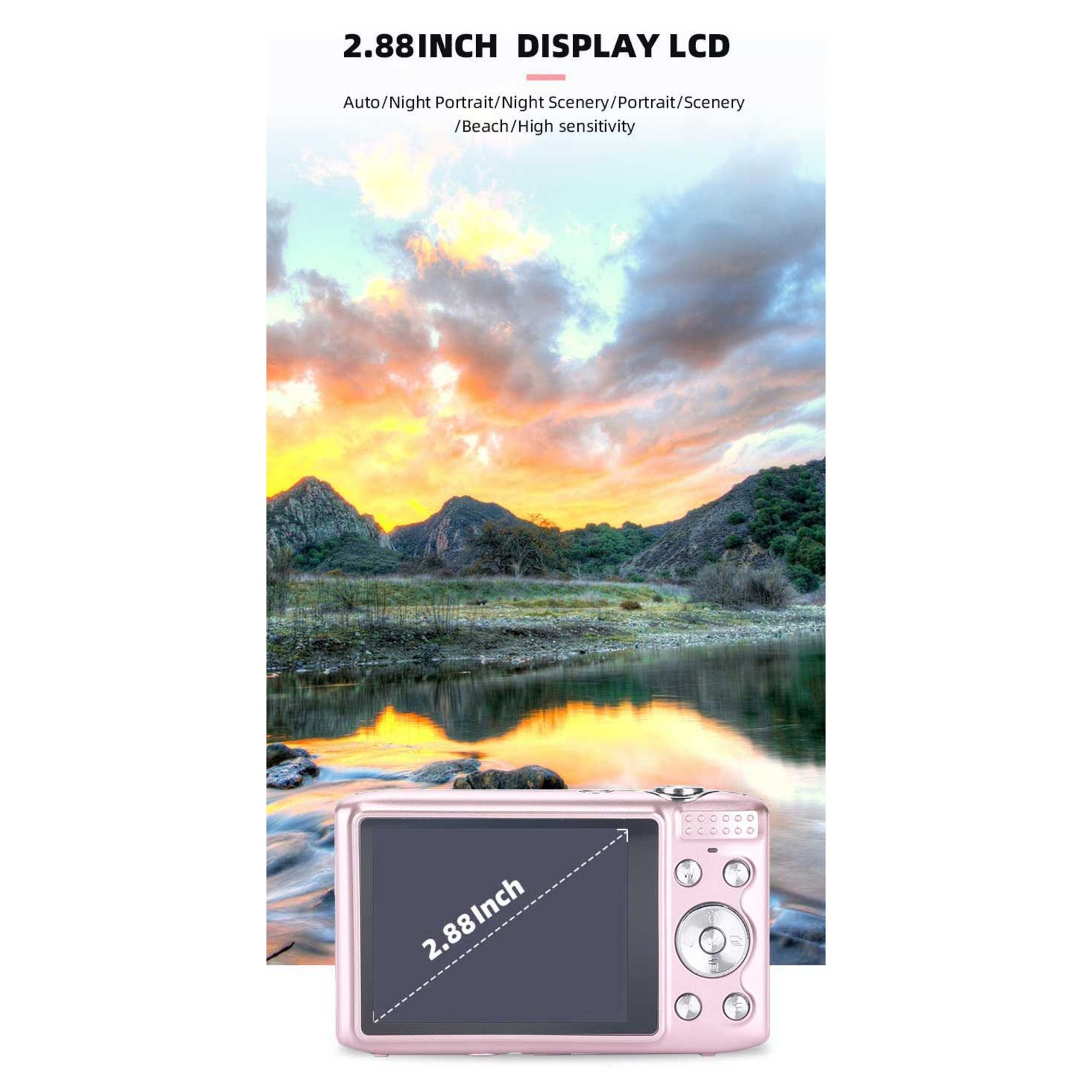 Rosa Digitalkamera, zeigt Landschaft auf einem 2,88-Zoll-Bildschirm.