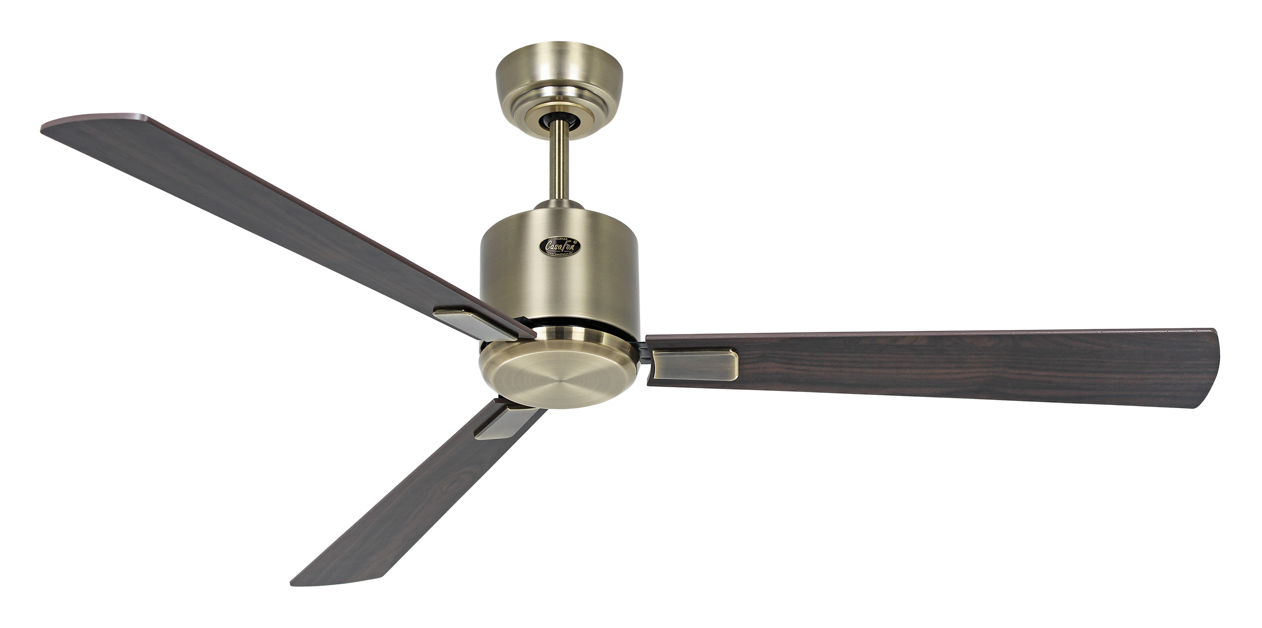 Ventilatore da soffitto con tre pale in legno scuro, alloggiamento motore dorato.