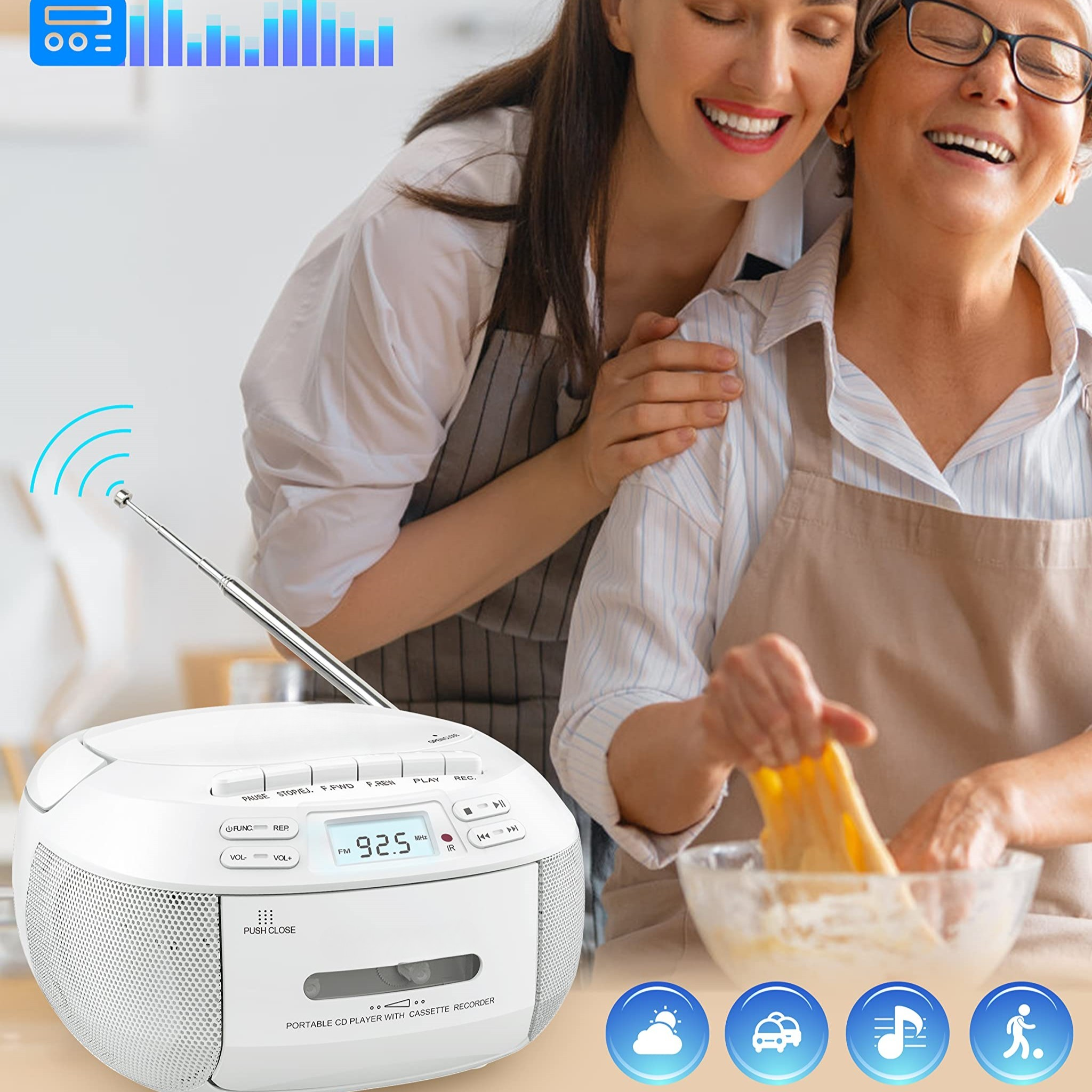 Zwei Frauen lächeln beim Zubereiten von Essen, mit Radio und Symbolen im Hintergrund.