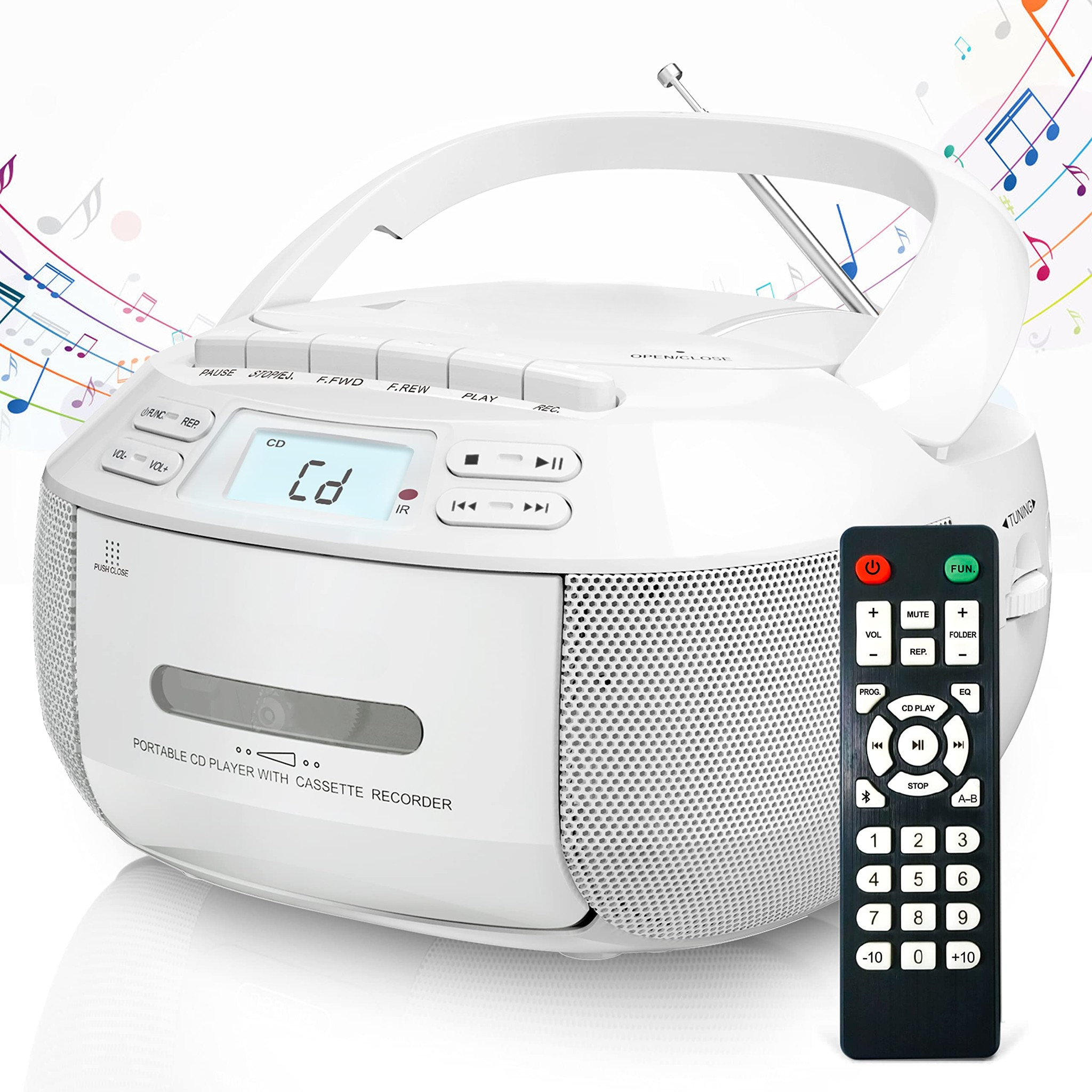 Weißer tragbarer CD-Player mit Kassettenspieler und Fernbedienung.