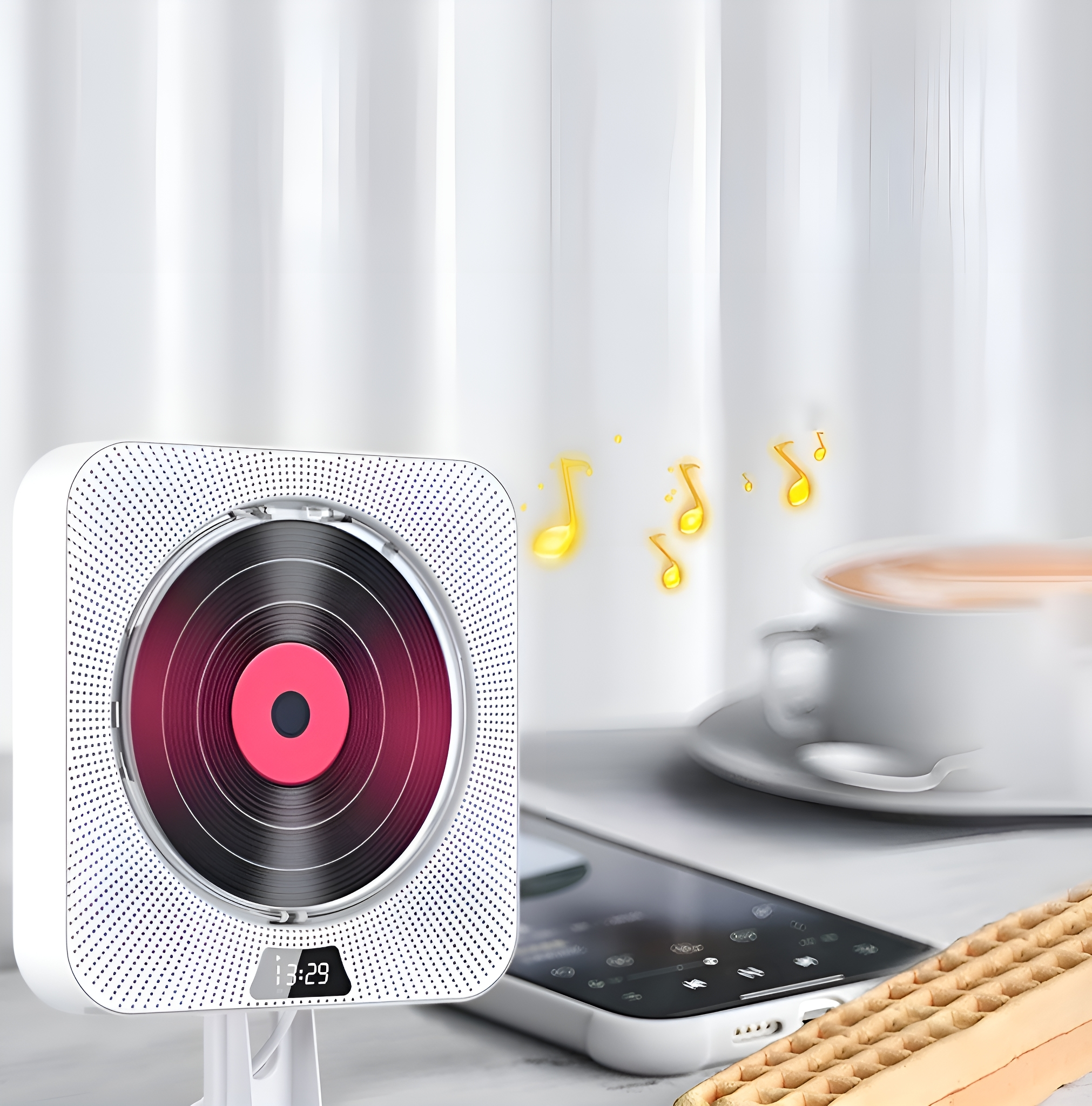 Weißer CD-Player mit roter Mitte, auf einem Ständer neben einer Tasse und Telefon.