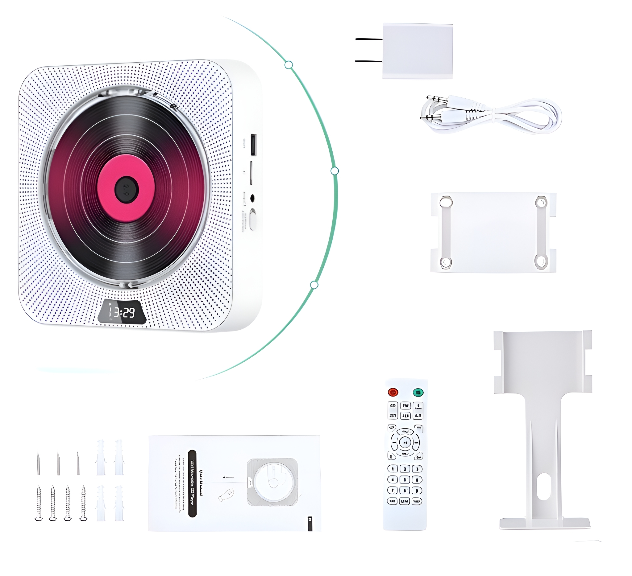 Weißer CD-Player mit pinkfarbener Mitte, Zubehör auf weißem Hintergrund.