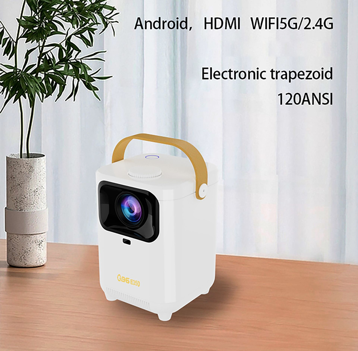 Weißer Projektor mit goldenem Griff auf einem Holztisch. Text: Android, HDMI, WiFi, elektronischer Trapez, 120ANSI.
