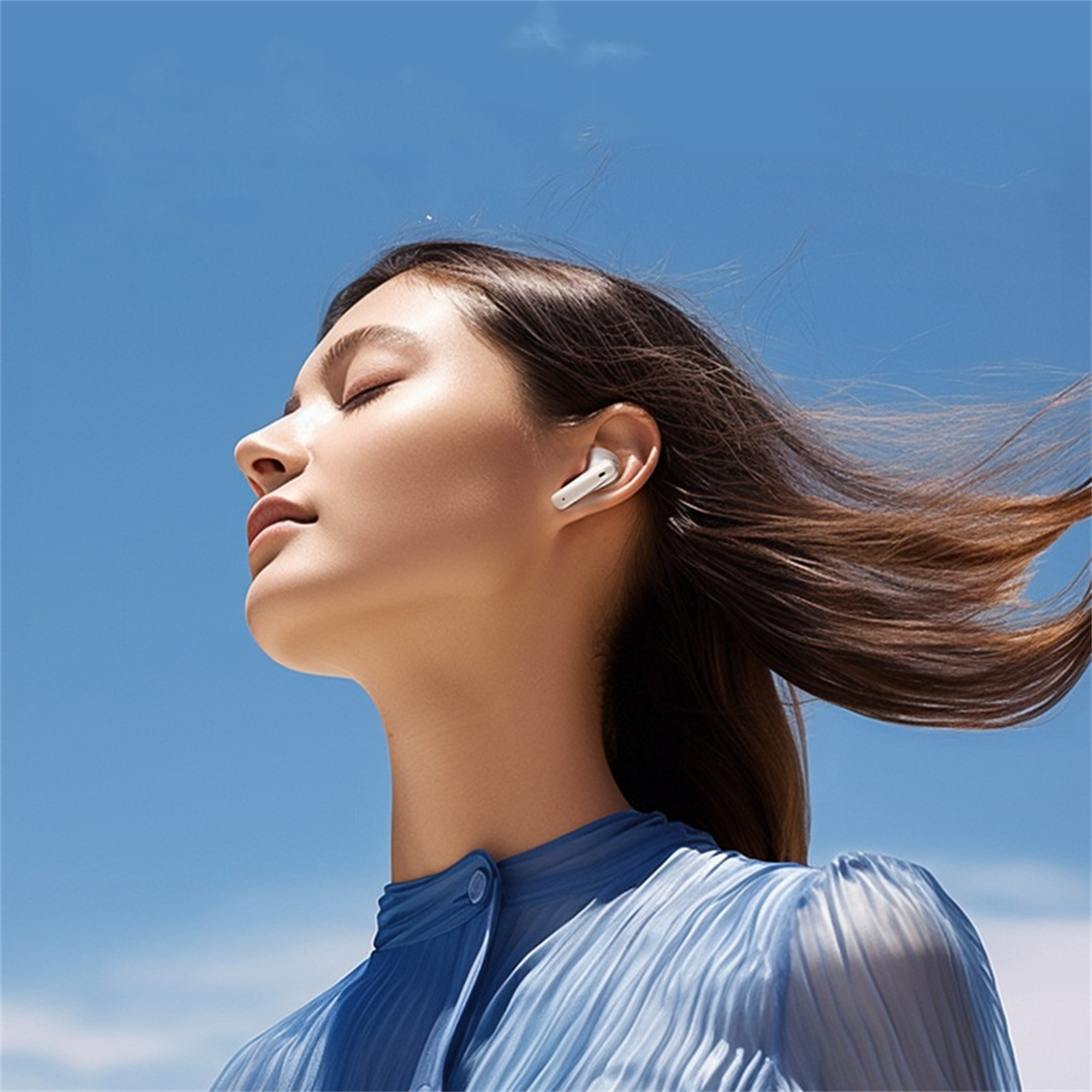 Frau mit weißen Ohrhörern, blickt in den Himmel, blauer Himmel im Hintergrund.