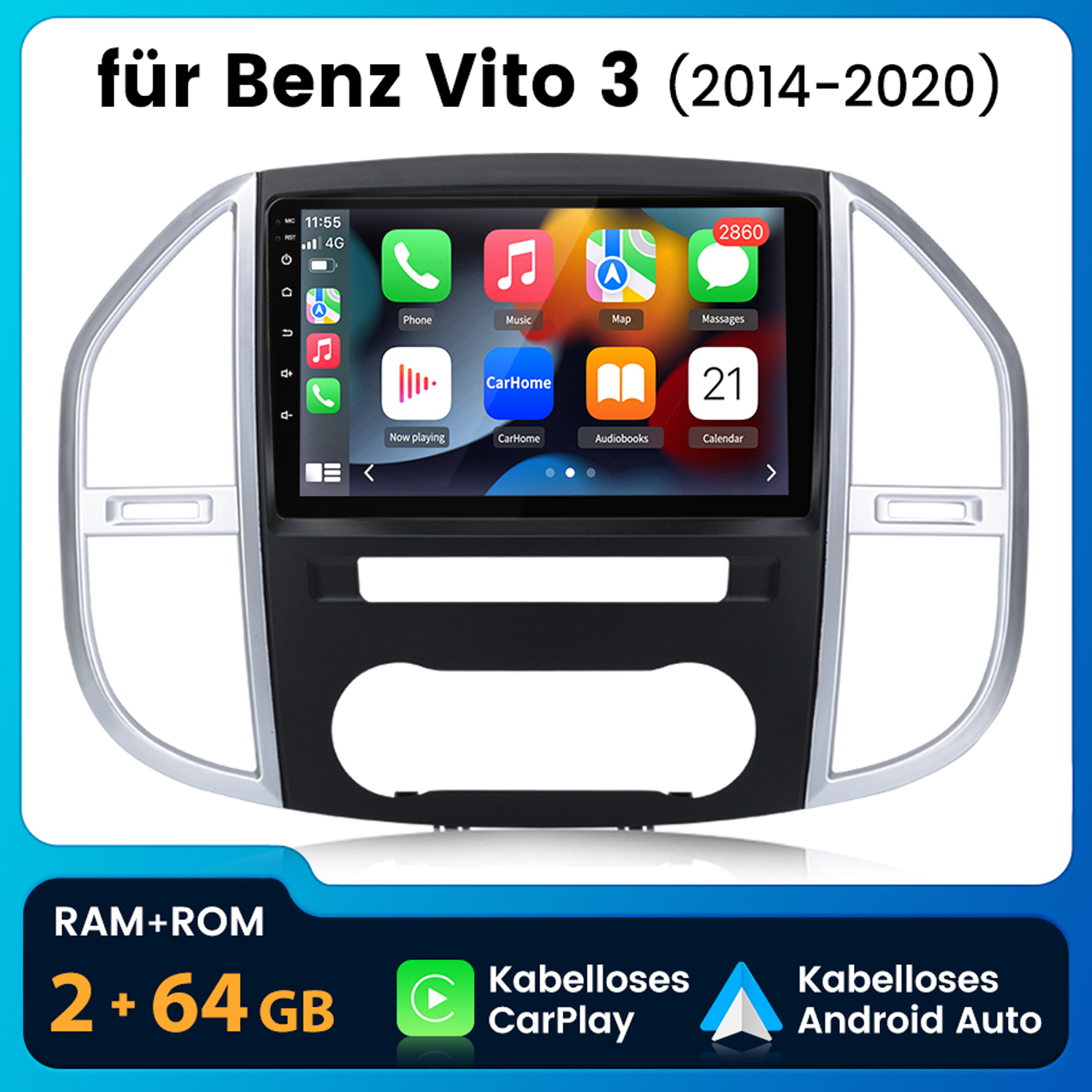 Autoradio-Bildschirm für einen Benz Vito 3 mit moderner Oberfläche und Symbolen.