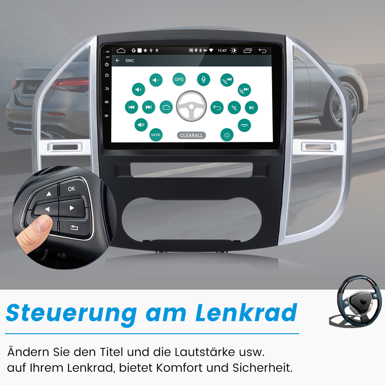 Autoradio mit Touchscreen, zeigt verschiedene Bedientasten und Lenkrad.