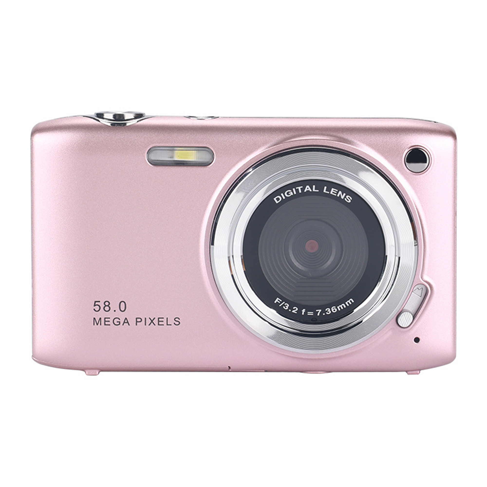 Eine rosa Digitalkamera mit silbernem Objektiv und Blitz. Weißer Hintergrund.