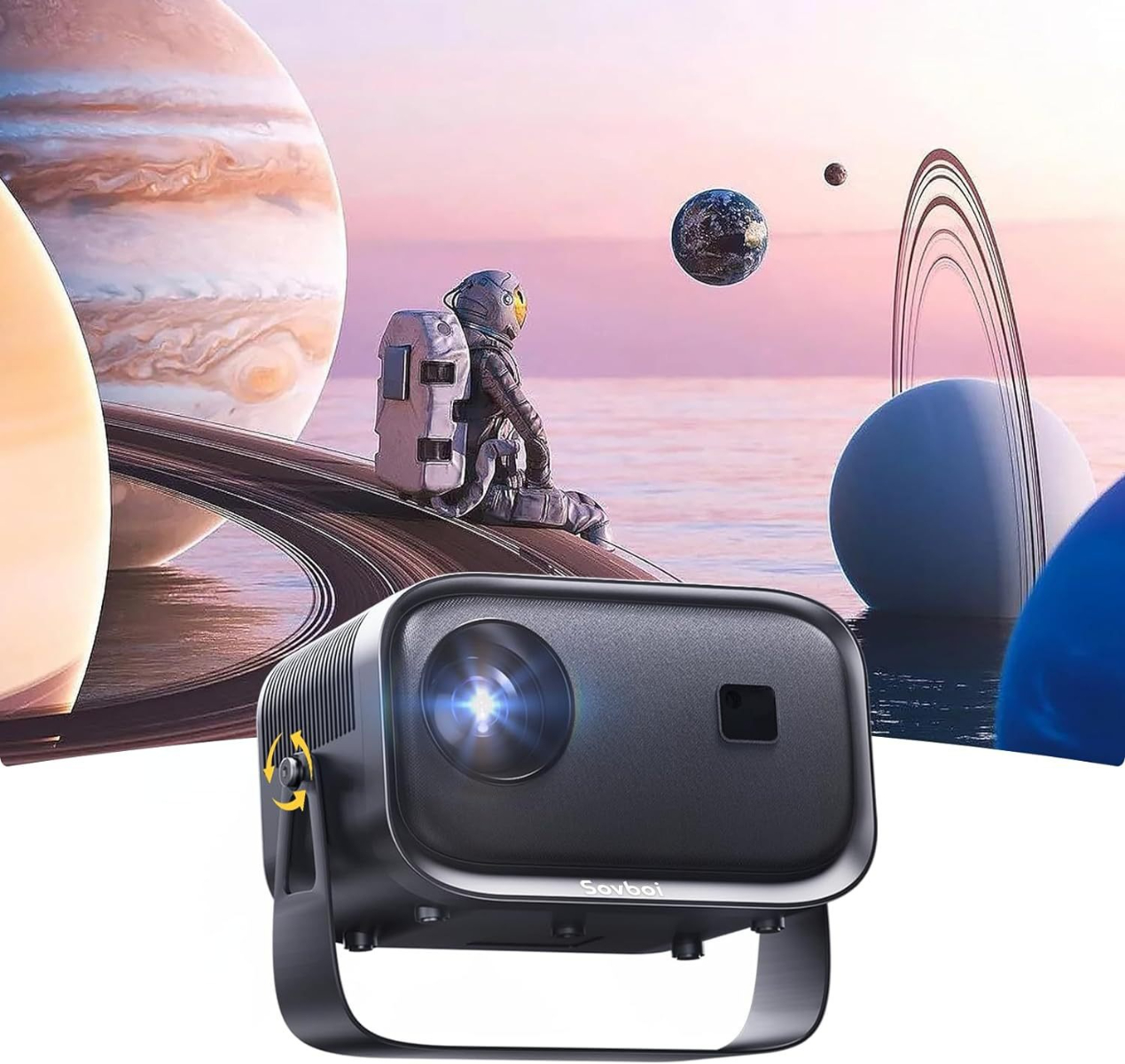 Schwarzer Projektor. Astronaut auf Planet. Planeten im Hintergrund.