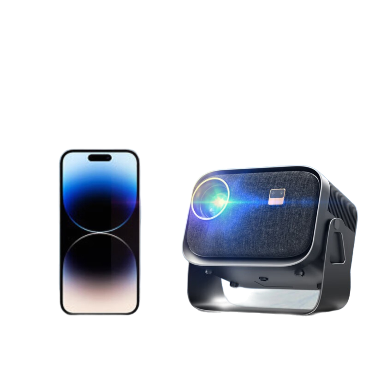Smartphone neben einem Projektor. Weißer Hintergrund.