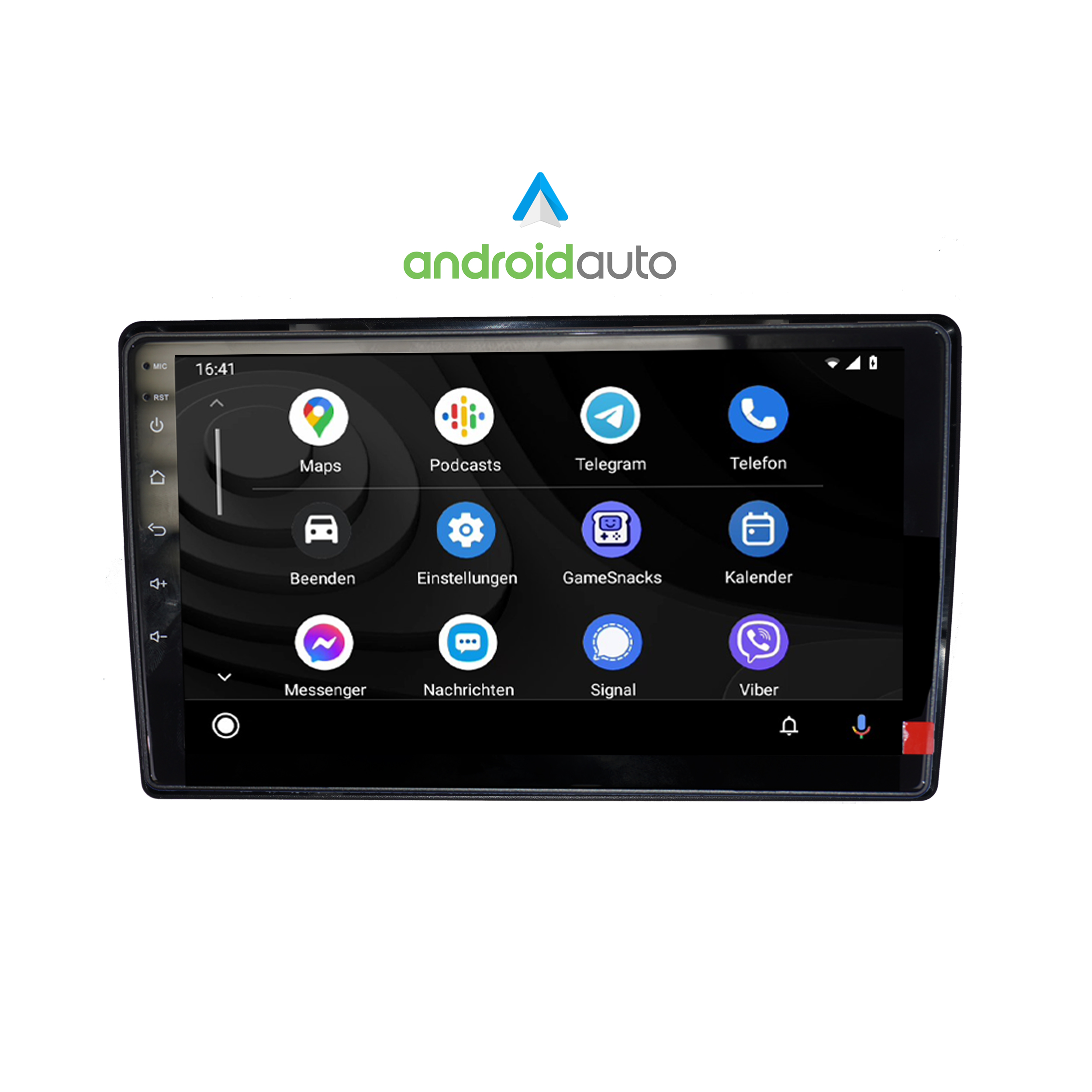 Auto-Infotainmentsystem-Bildschirm, der die Android Auto-Oberfläche mit App-Symbolen anzeigt.