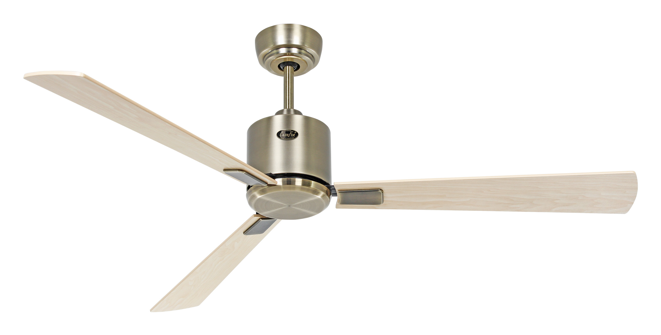 Deckenventilator mit drei hellen Holzblättern und Bronze-Finish.