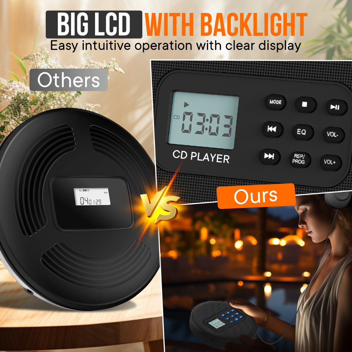 Vergleich eines schwarzen CD-Players mit Display vs. einem ähnlichen Gerät mit kleinem Bildschirm.