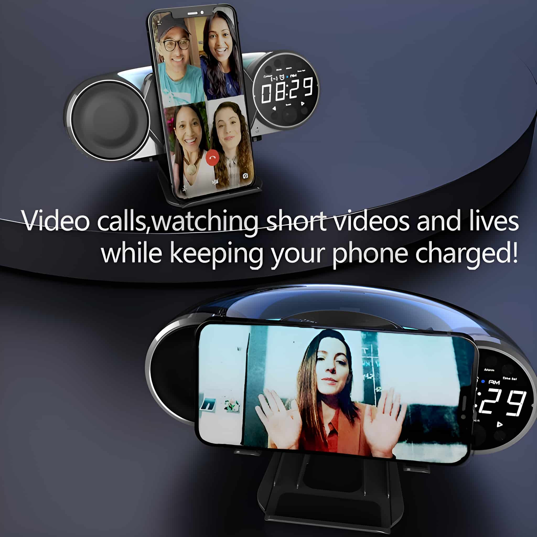 Zwei Telefone in einem Gerät, das Videoanrufe mit Textüberlagerung zeigt.