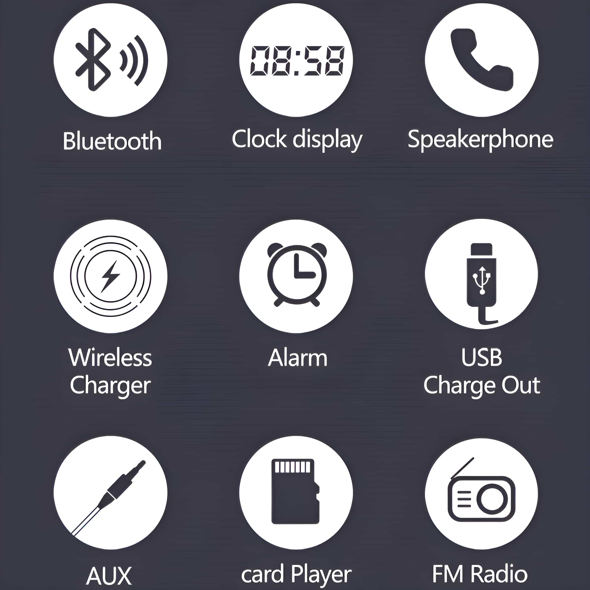 Ein Lautsprecher mit Symbolen für Bluetooth, Uhr, Freisprecheinrichtung, kabelloses Ladegerät usw.