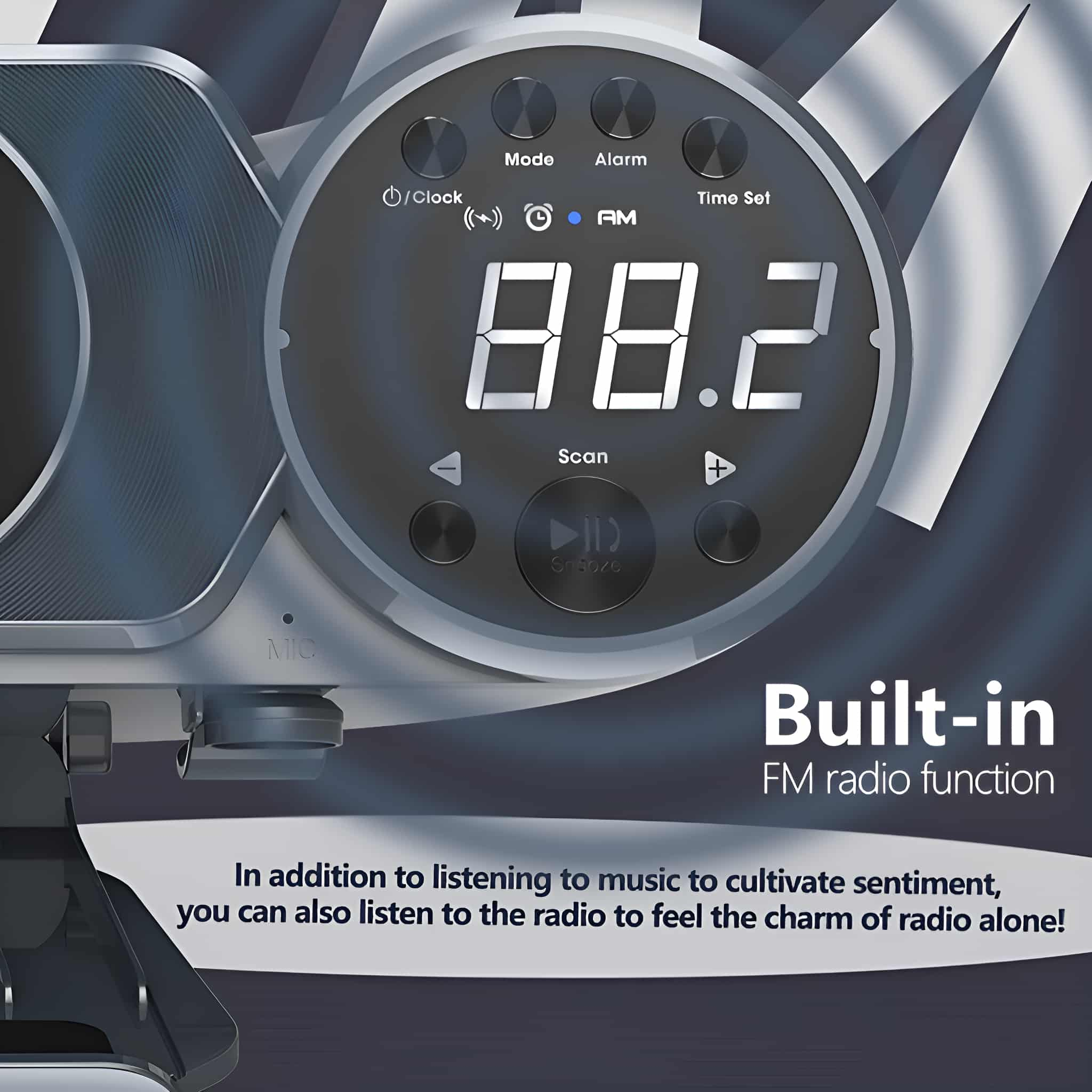 Digitales Radiowecker mit Digitalanzeige mit 88.2. Tasten für Modus, Alarm, Zeiteinstellung, Scan und Schlummerfunktion.