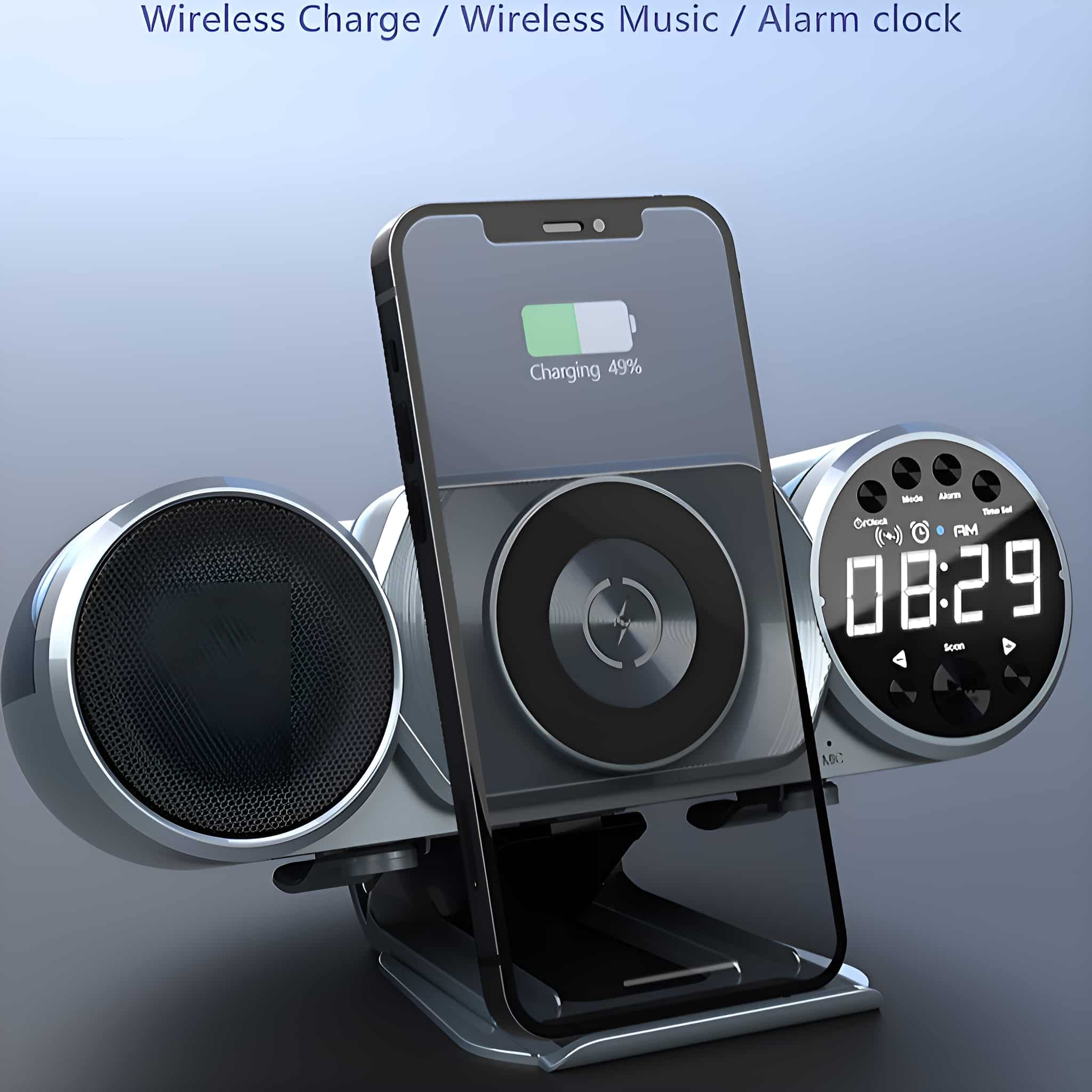 Telefon, das auf einem Ständer mit Lautsprechern aufgeladen wird, Wecker-Funktion. Das Telefon zeigt 49% Ladung.