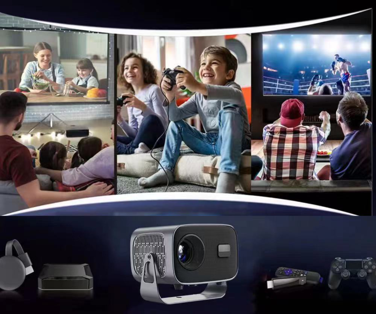 Ein Projektor mit verschiedenen Szenen, die Menschen beim Spielen und Filme schauen zeigen, sowie Zubehör.