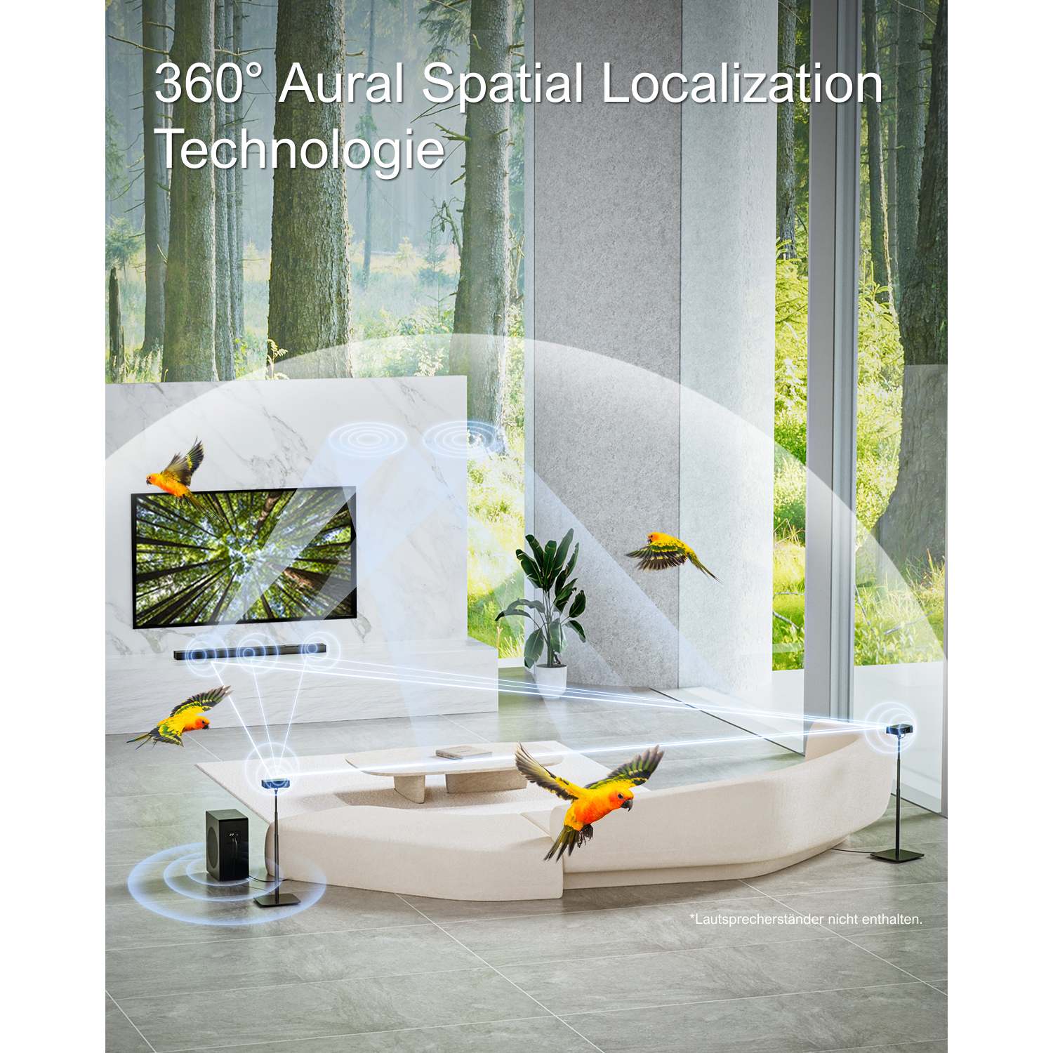 Wohnzimmer mit TV und Soundsystem, animierte Vögel fliegen, modernes Design.