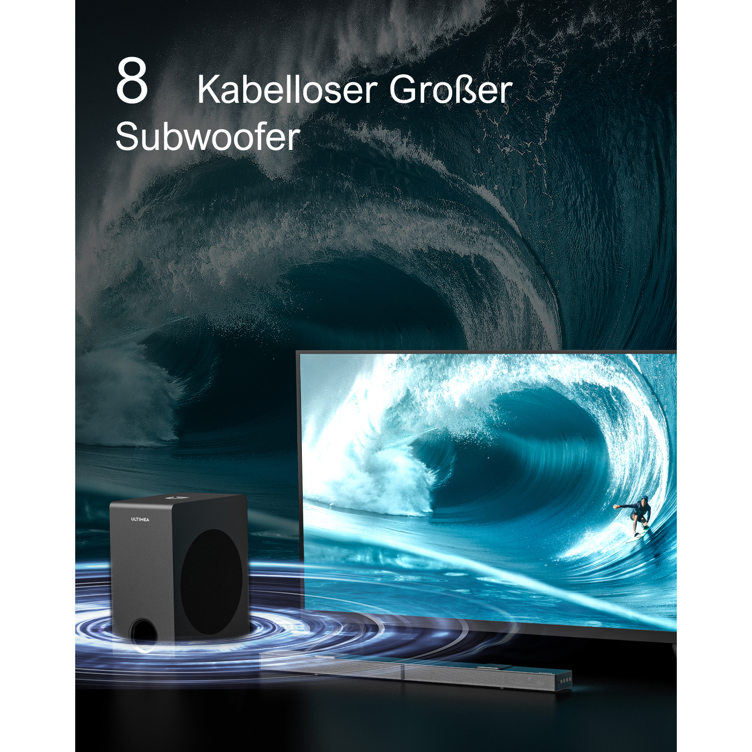 Subwoofer mit Soundbar und Bildschirm mit Welle. Text: "8 Kabelloser Großer Subwoofer".