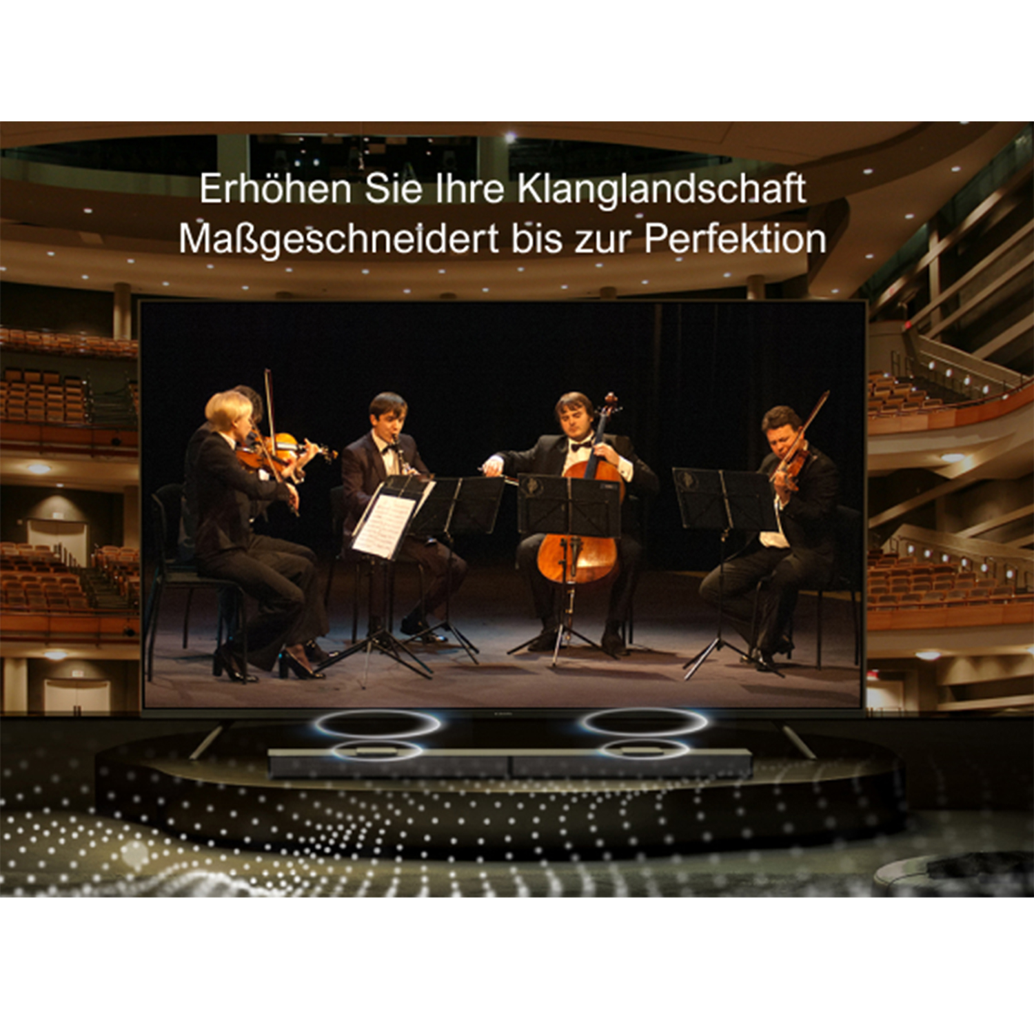 Eine Bühne mit einer Gruppe von Musikern, die vor einer Leinwand auftreten.