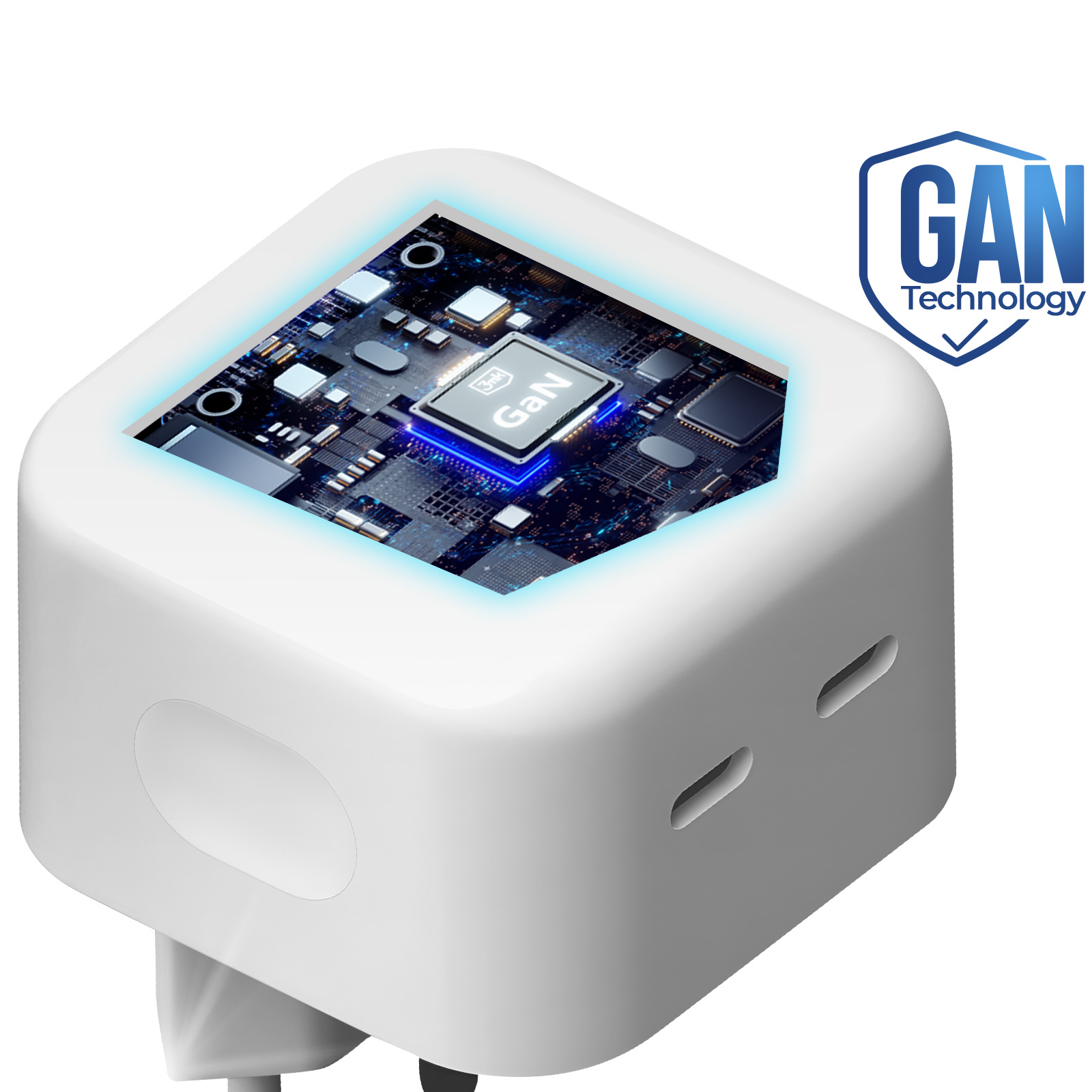 Caricabatterie bianco a forma di cubo con luce blu ed etichetta GaN Technology.