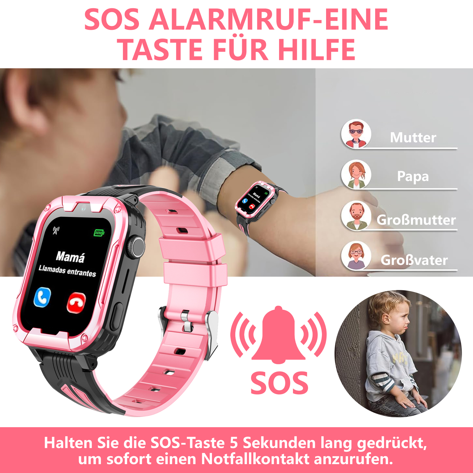 Eine Smartwatch mit pinkfarbenem Armband. Der Bildschirm zeigt einen Anruf von 'Mamá'. SOS-Alarmtaste hervorgehoben.